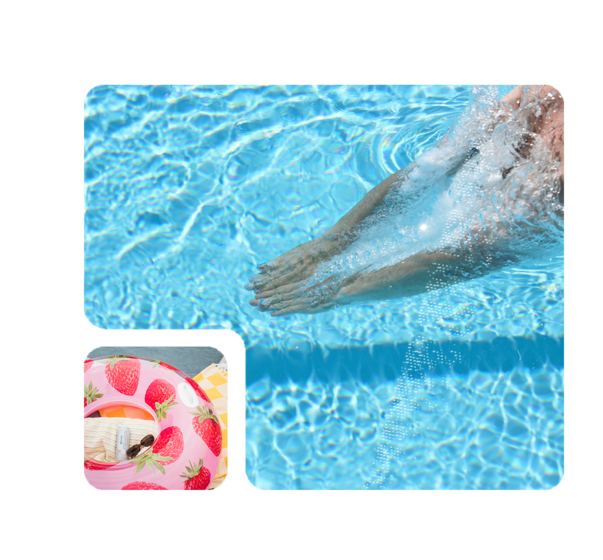Close-up of a swimming pool with water ripples and splashes, and a small section of a pink inflatable pool float with strawberries and a towel on it.