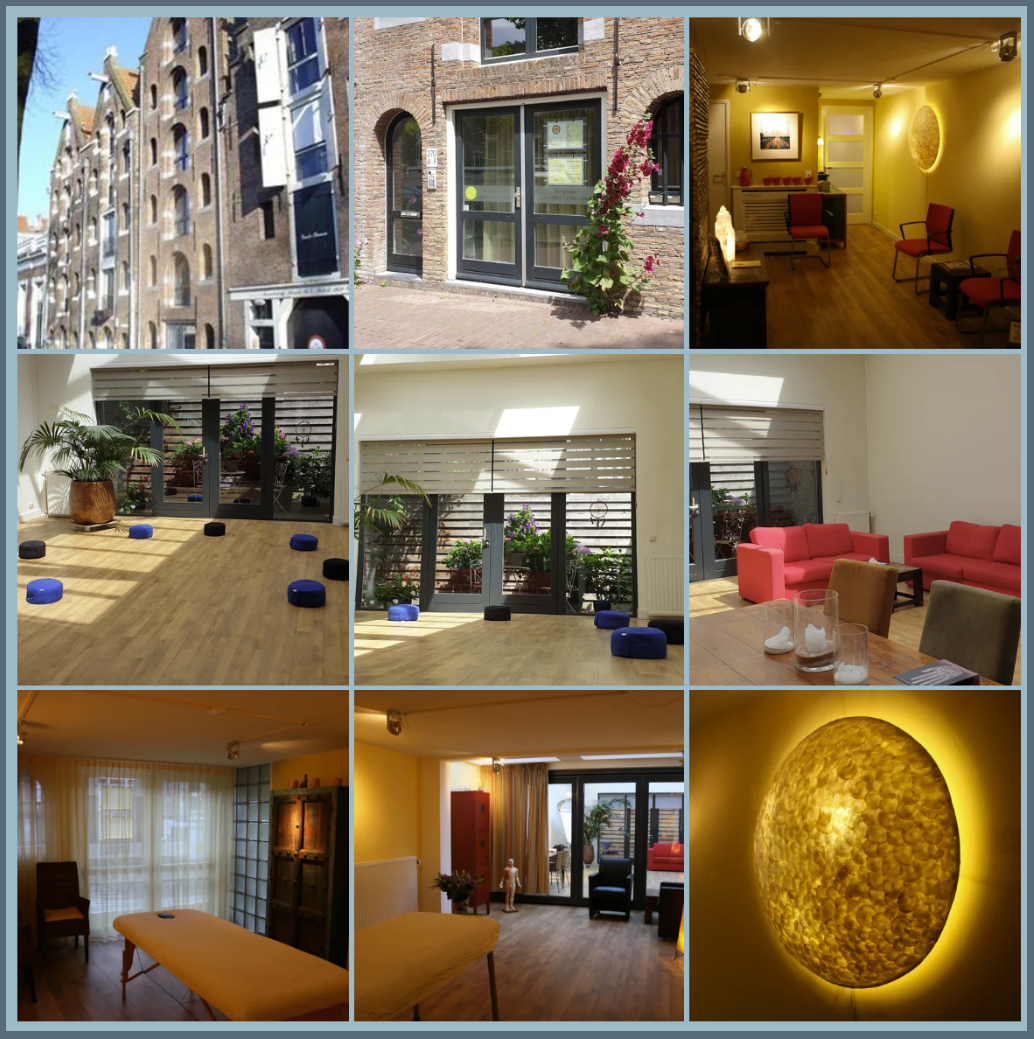 Collage van negen foto's van interieurs en exterieurs van een pand, inclusief gevel, tuin, wachtkamers, een ontspanningsruimte, therapiekamers en decoratieve elementen.