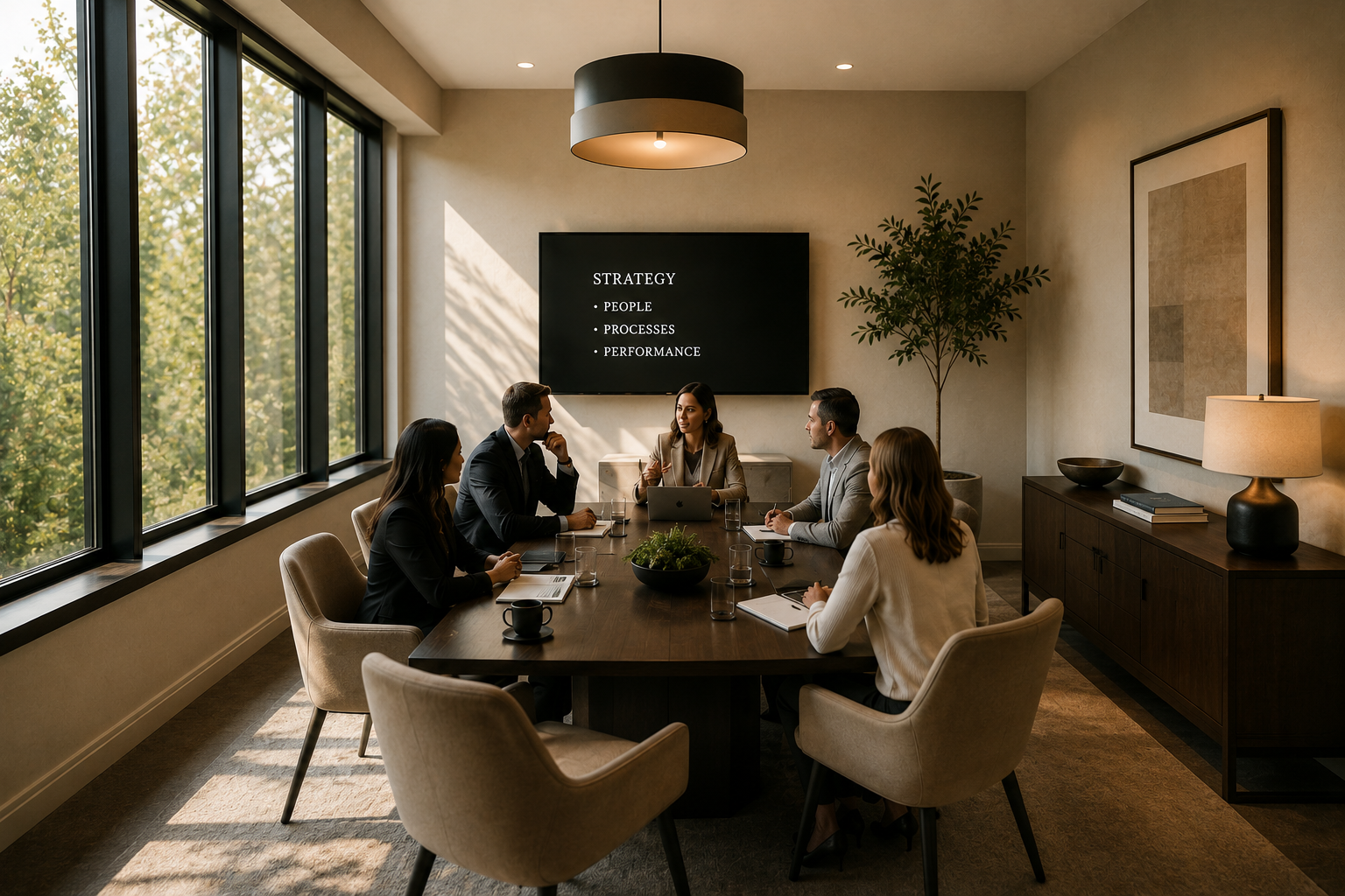 A business meeting taking place in a modern conference room with five people seated around a wooden table, with a woman leading the discussion in front of a large screen displaying strategic points.