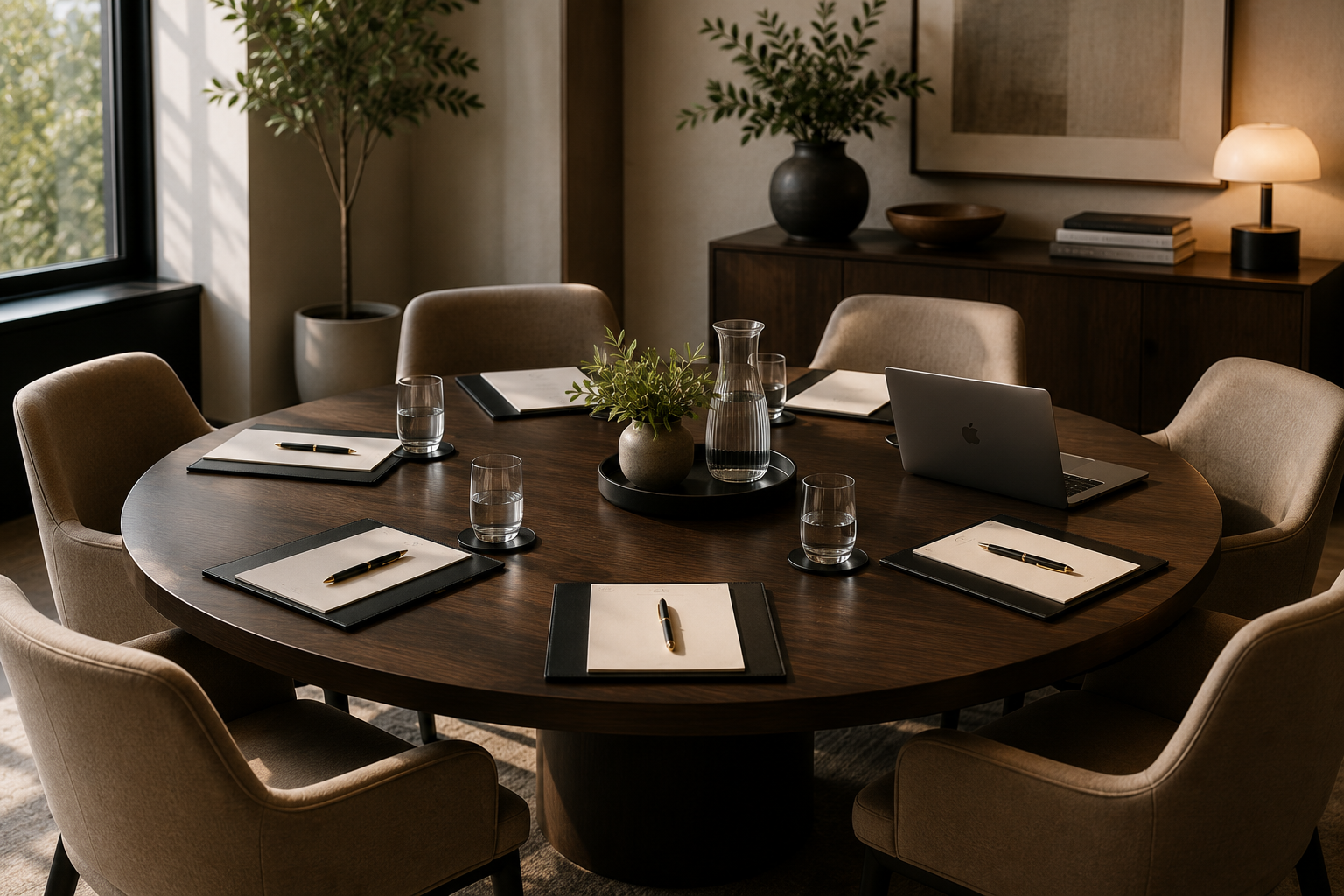 A conference room with a round wooden table surrounded by beige upholstered chairs. The table has notebooks, pens, glasses of water, a vase with greenery, a glass pitcher of water, and a laptop. There is a large window to the left with sunlight, and a sideboard with a lamp, books, and decorative items in the background.