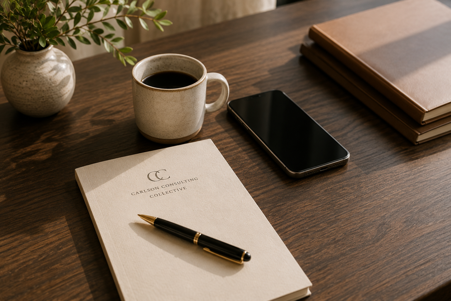 A desk with a potted plant, a cup of black coffee, a smartphone, a closed notebook, a pen, and three stacked notebooks.