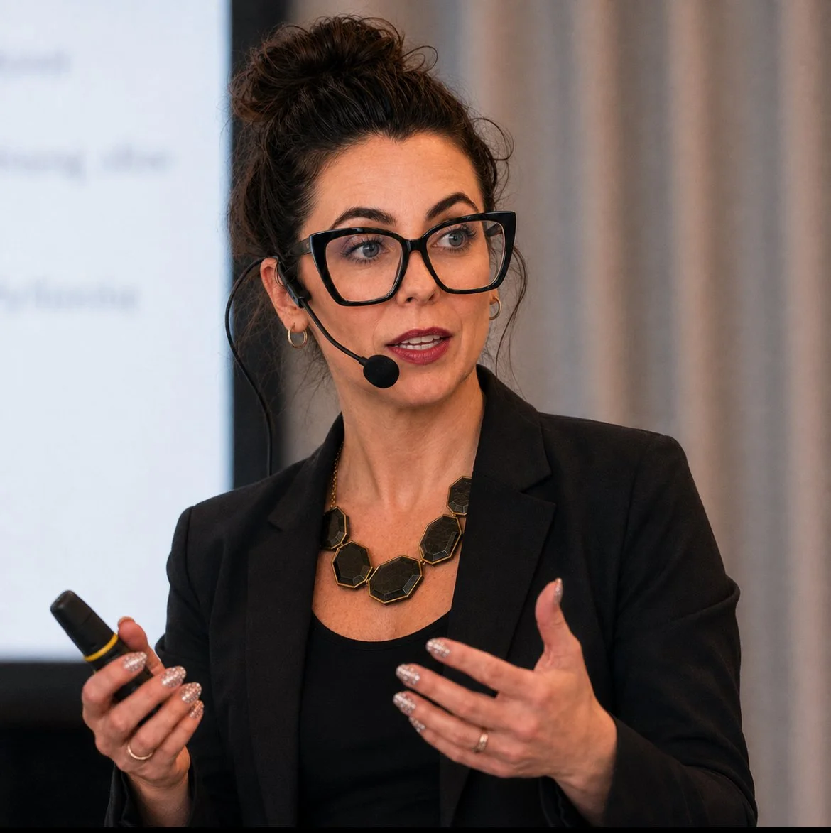 A woman with dark hair tied up, wearing large black glasses, speaking into a headset microphone, holding a remote, and gesturing with her hand during a presentation.