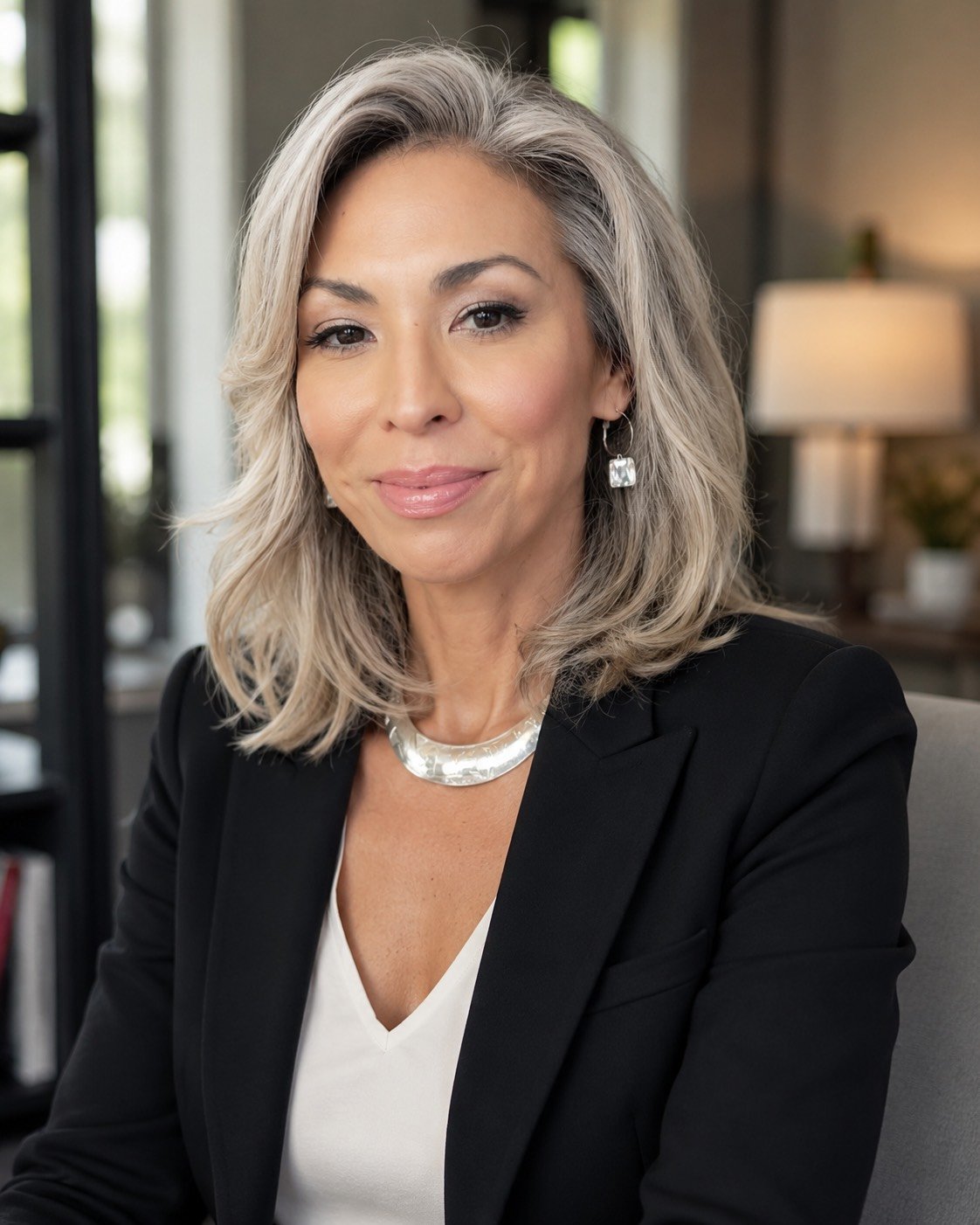 A professional woman with shoulder-length gray hair wearing a black blazer, white top, and silver jewelry, sitting indoors with a modern home interior in the background.