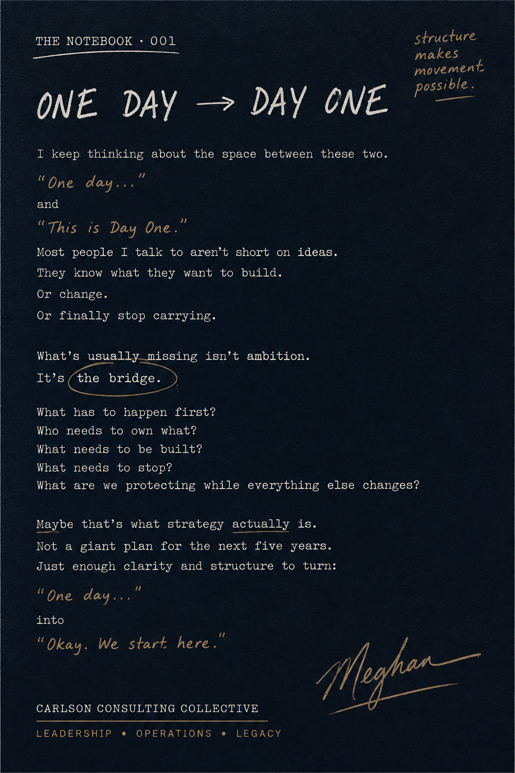 A notebook page with a dark background, titled 'The Notebook 001,' featuring notes on building structure and taking action, with handwritten and typed text, and a signature at the bottom.