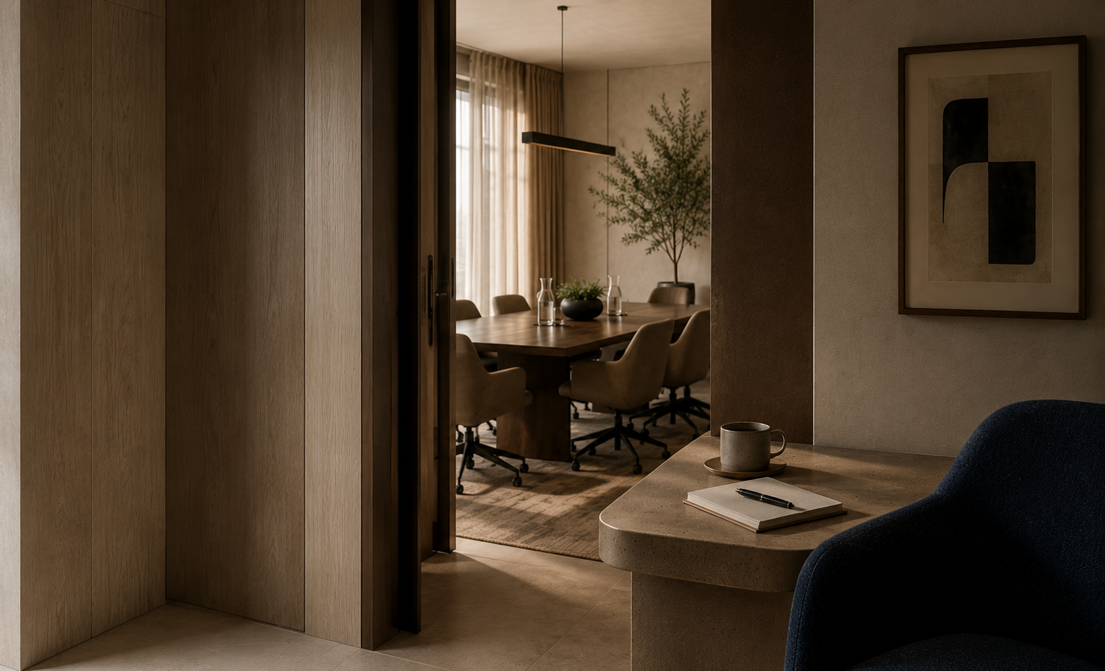 Interior view of a home office or lounge area with a beige and wooden decor, a small table with a notebook, pen, and coffee mug, a framed artwork on the wall, and a glimpse into a dining room with a wooden table, cushioned chairs, and a large potted plant near a window with sheer curtains.