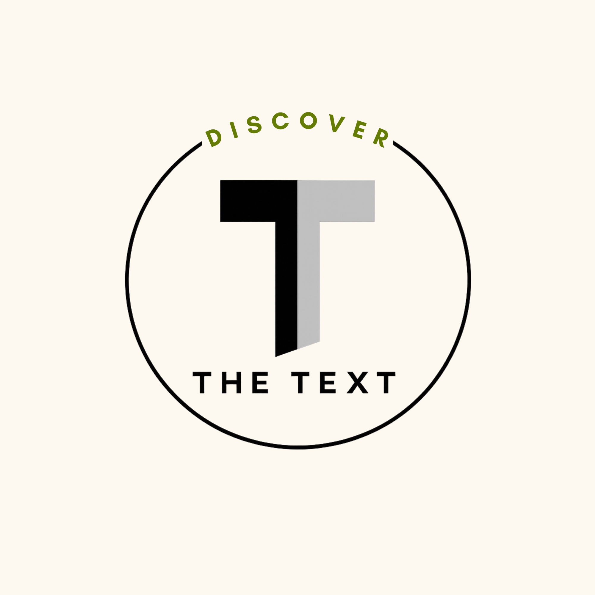 Close-up of a minimalist logo with the words "DISCOVER" arched above a stylized letter T within a circle, with placeholder text "THE TEXT" below.