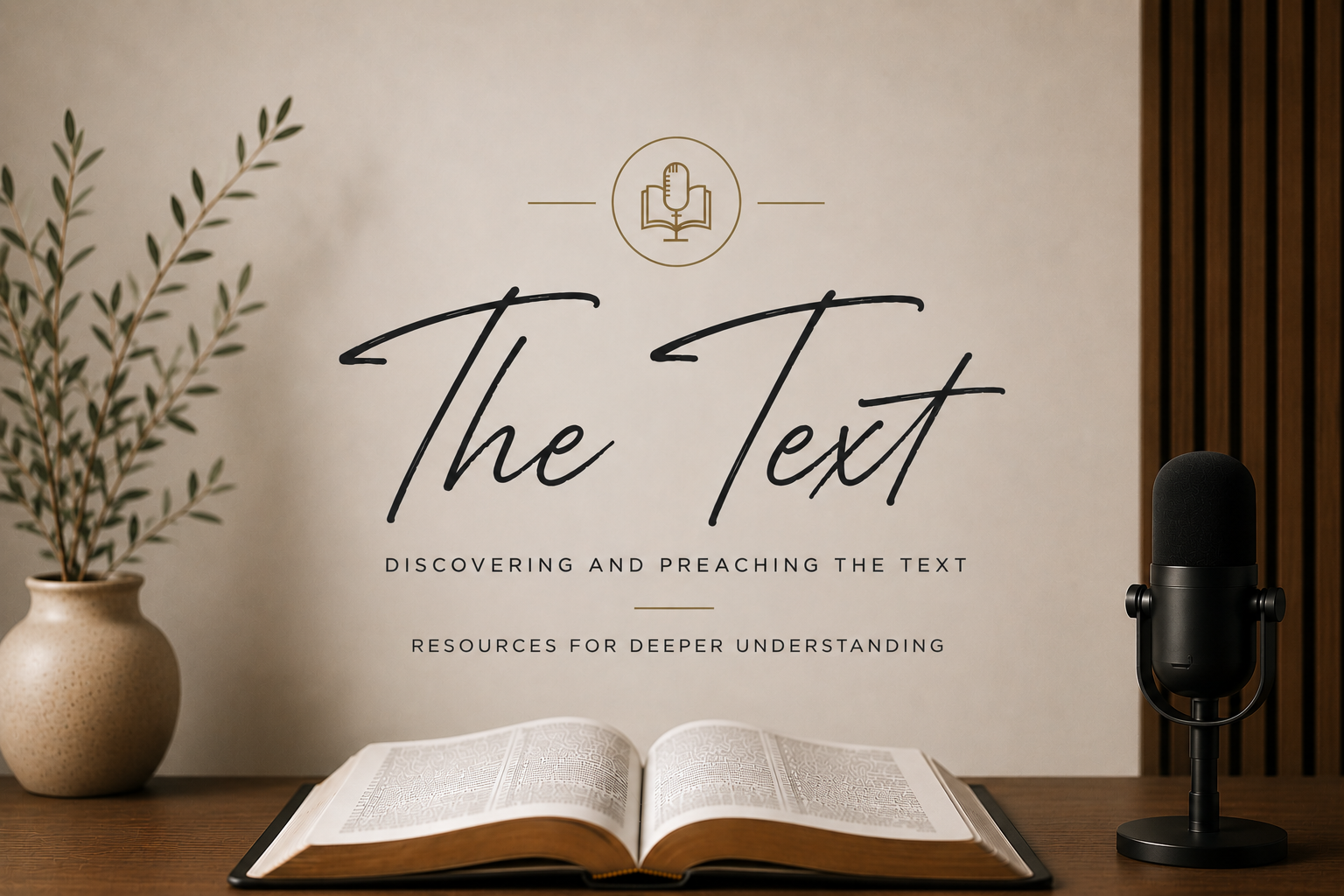 Open Bible, potted plant, microphone, and text on a wall that reads 'The Text' with subtitle 'Discovering and Preaching the Text' and 'Resources for Deeper Understanding'.