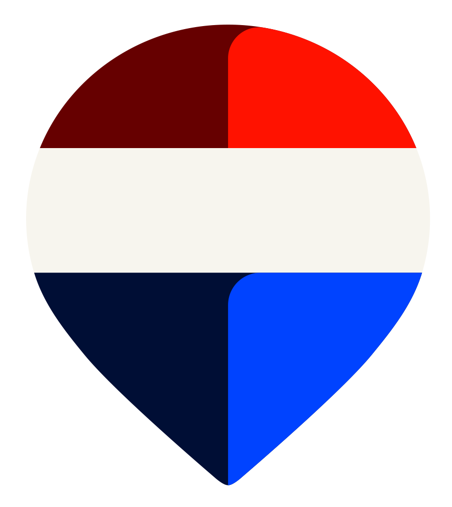 A round badge designed like a shield with the colors and pattern of the Dutch flag: red, white, and blue, arranged in a quartered pattern.