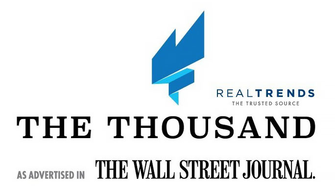 Logo of RealTrends with a stylized blue graphic, text stating 'The Thousand' as advertised in The Wall Street Journal.