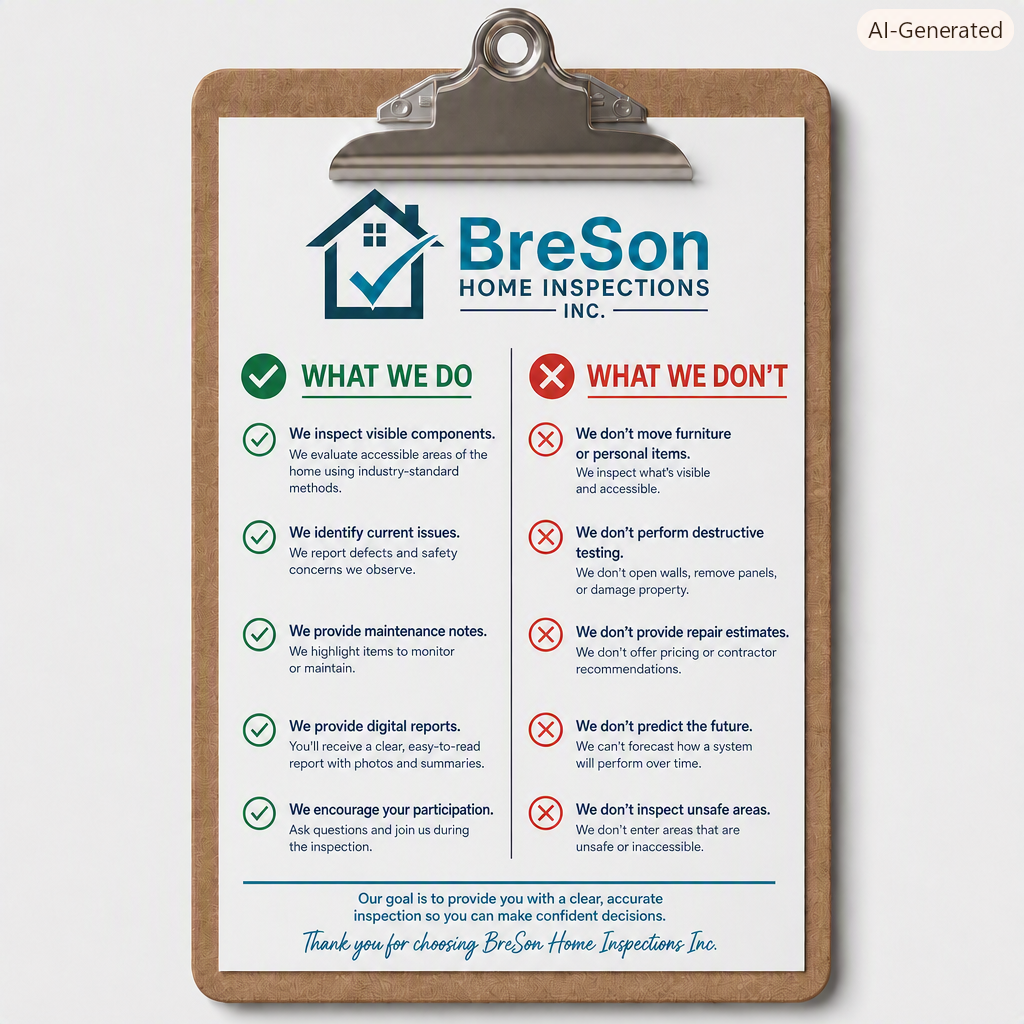 A clipboard with a home inspection company's sign listing what they do and what they don’t do during inspections.