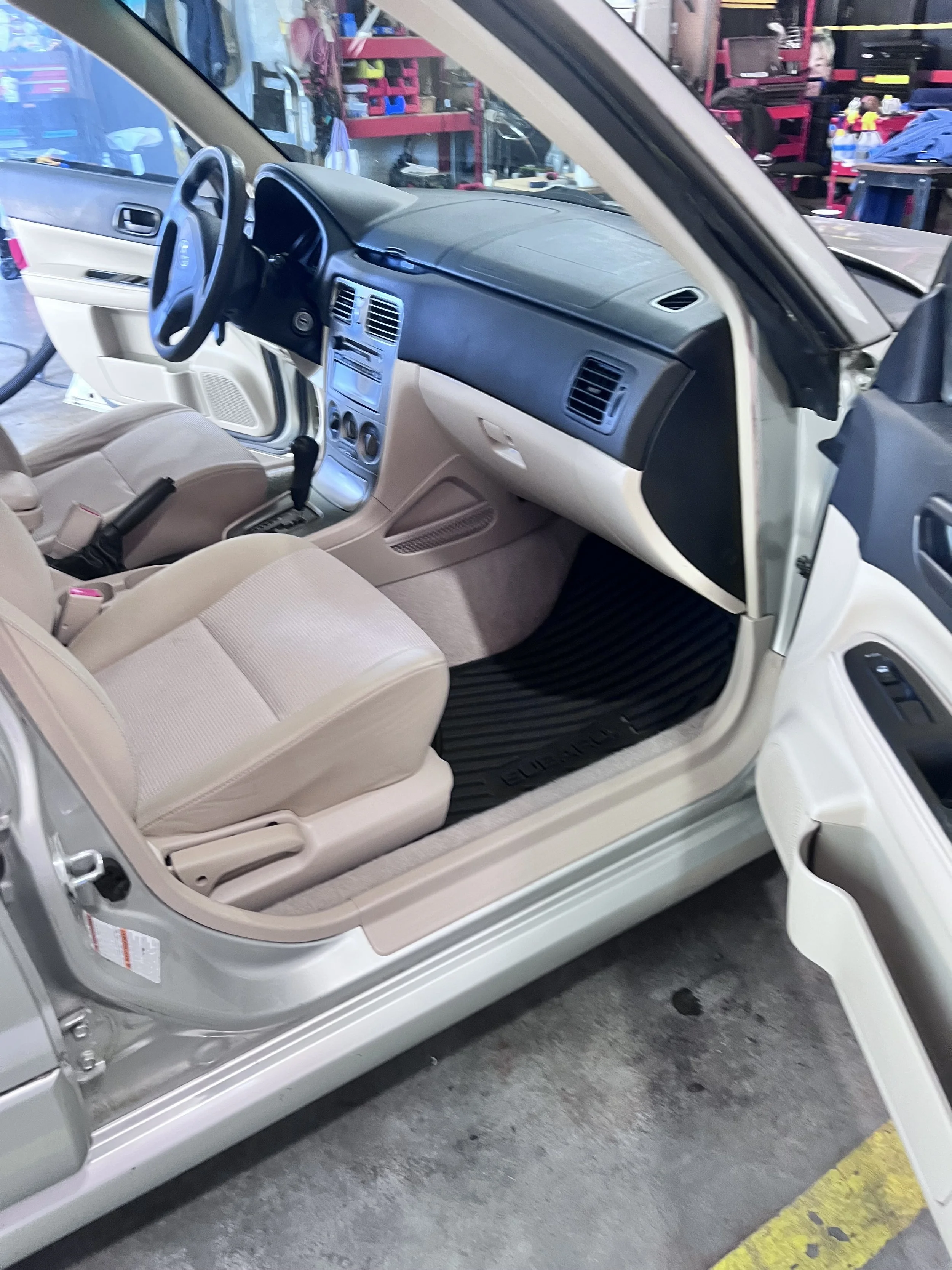 Clean Subaru interior documented after professional detailing by Paulus Auto Care.