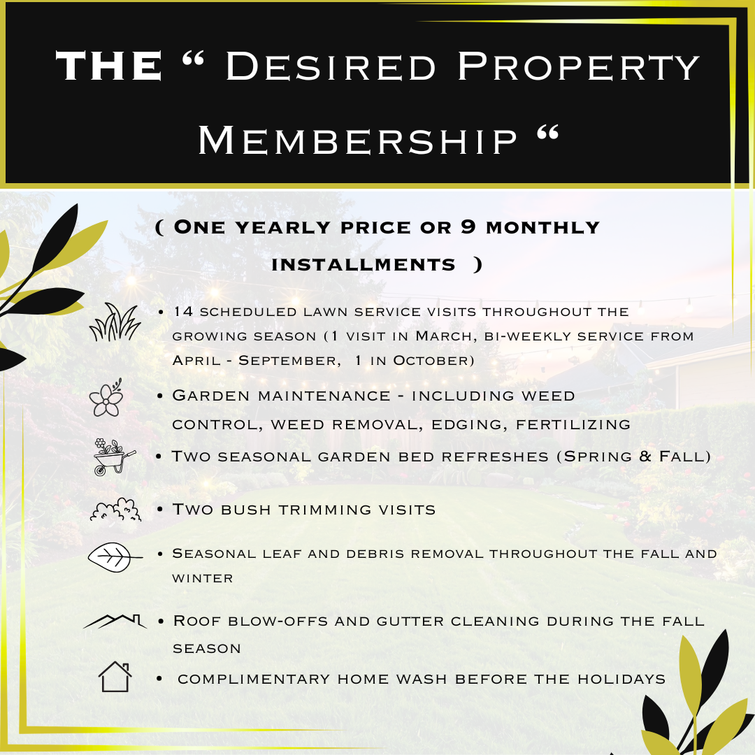 A flyer with a black and yellow border advertising a garden property membership plan, including lawn service, garden maintenance, seasonal garden beds, bush trimming, leaf removal, roof and gutter cleaning, and a home wash service.