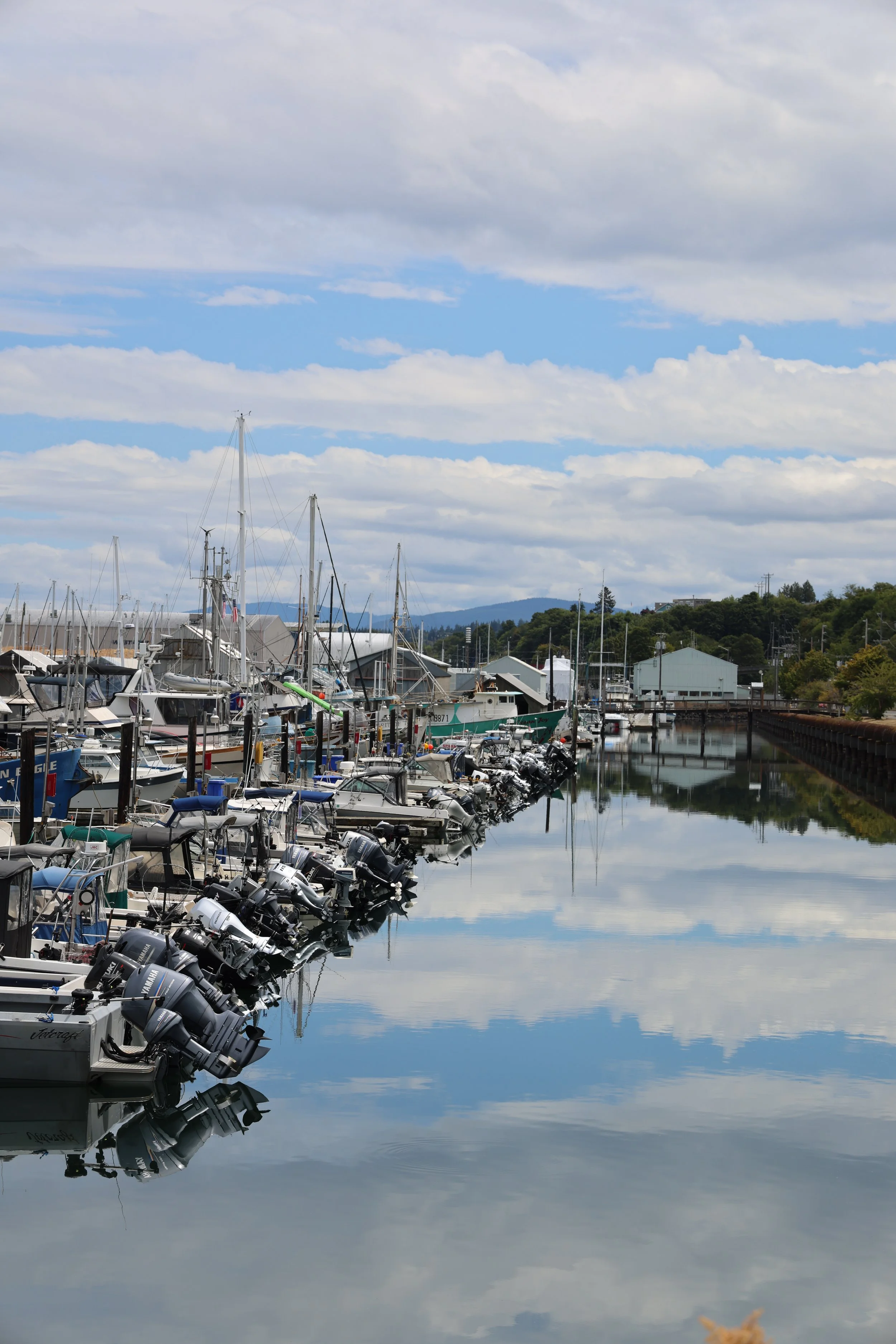 Marina with boats docked, reflecting on calm water under a partly cloudy sky, with hills and buildings in the background.