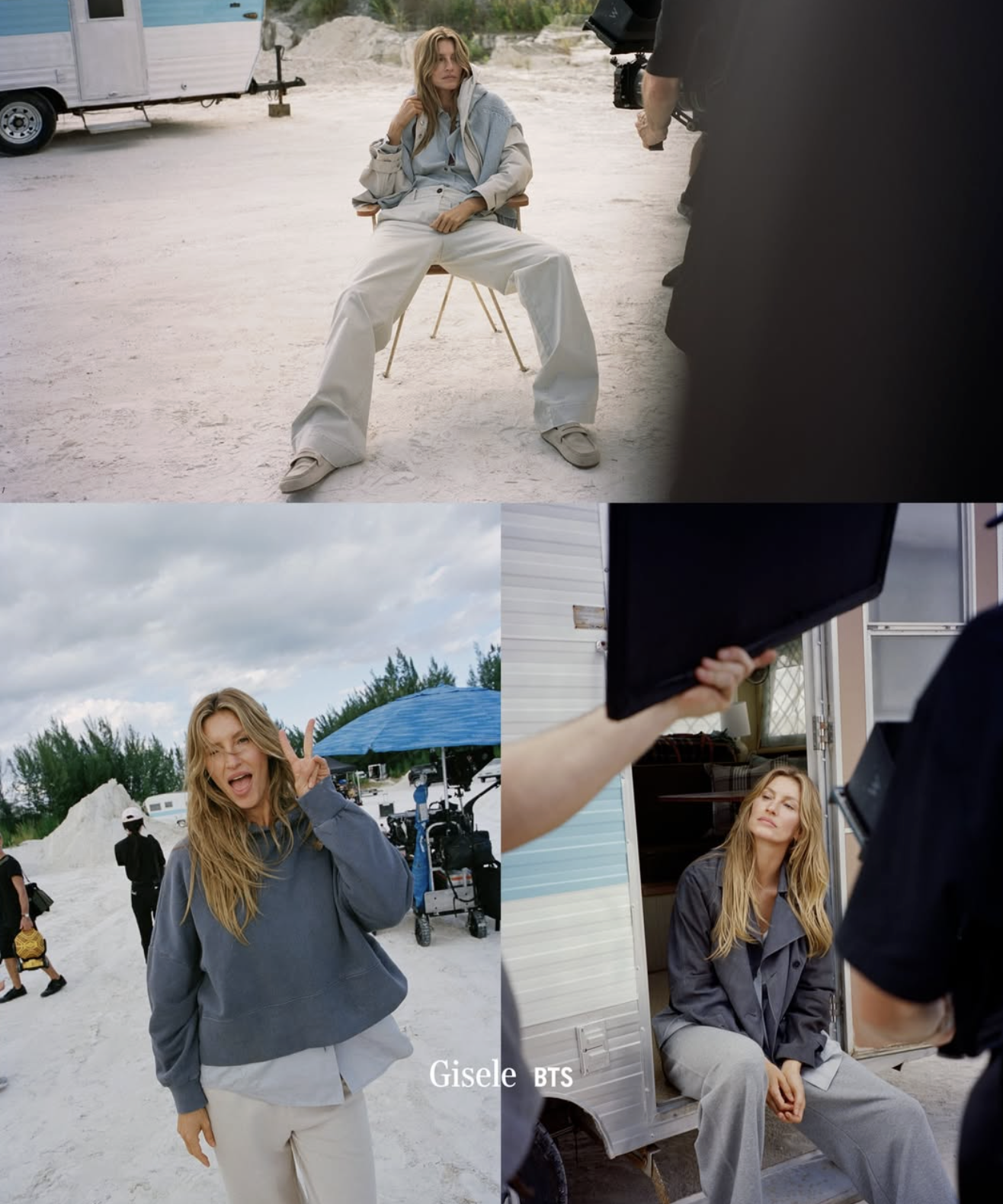 A photo collage of Gisele, a woman with long, wavy blonde hair, in different outdoor and indoor settings. In the top left, she is sitting on a chair in a desert-like area with a trailer in the background. In the bottom left, she is making a peace sign and smiling outdoors under a cloudy sky. In the bottom right, she is sitting inside a trailer, looking thoughtful, while a crew member holds a black folder in front of her. In the top right, she appears to be on set, with a person holding a black reflector near her.