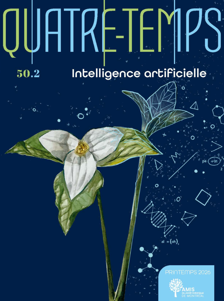 Couverture d'un magazine intitulé "QUATRE-TEMPS 50.2" dédié à l'intelligence artificielle, avec une illustration botanique d'une plante avec une fleur blanche et des feuilles, sur un fond bleu avec des motifs scientifiques.