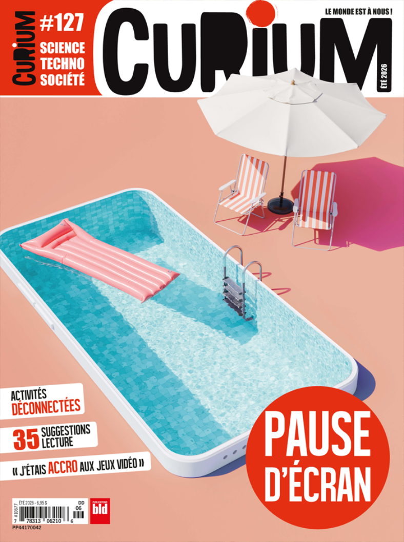 Couverture de magazine avec une piscine gonflable, une chaise longue à rayures, un parasol blanc et un cercle rouge avec le texte "Pause d'écran".