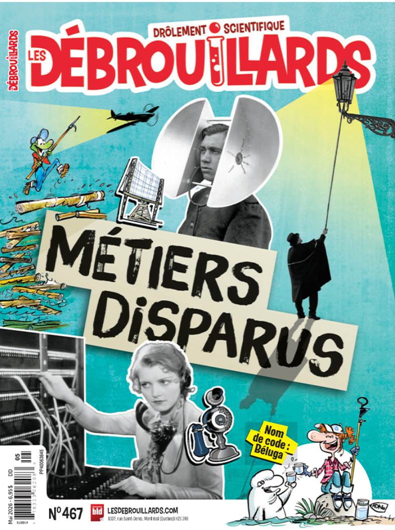 Couverture d'une publication humoristique et scientifique pour enfants, avec des illustrations de personnages et d'objets fantastiques, tamisées de couleurs vives, et le titre 'Les Débrouillards' et 'Métiers Disparus'.