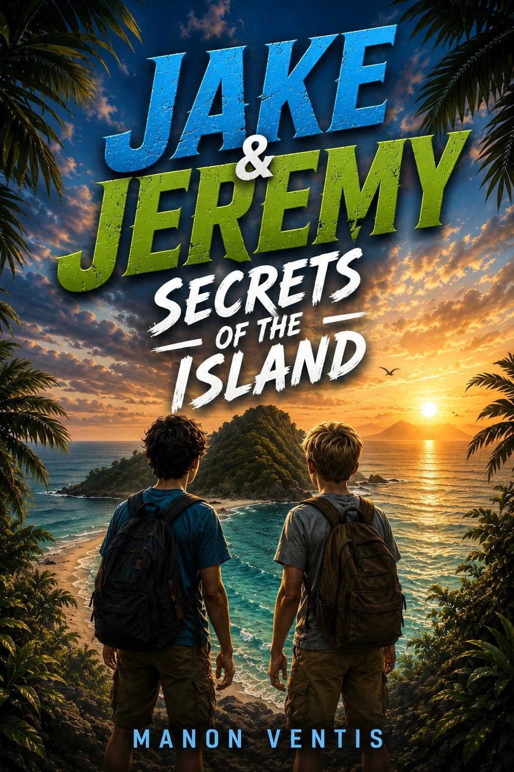 Book cover for 'Jake & Jeremy Secrets of the Island' by Manon Ventis. Two boys with backpacks standing on a lush cliff overlooking a beach and island at sunset.