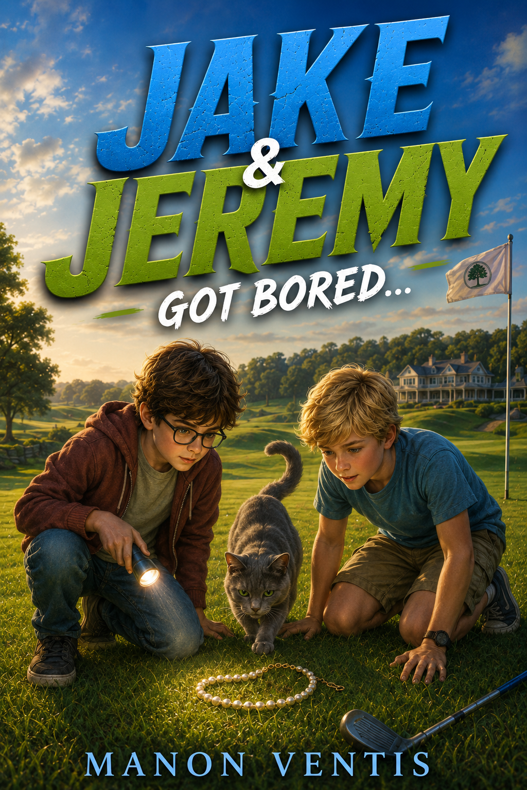 Two boys and a gray cat examining pearls on a golf course at sunset. Title: 'Jake & Jeremy Got Bored...' by Manon Ventis.