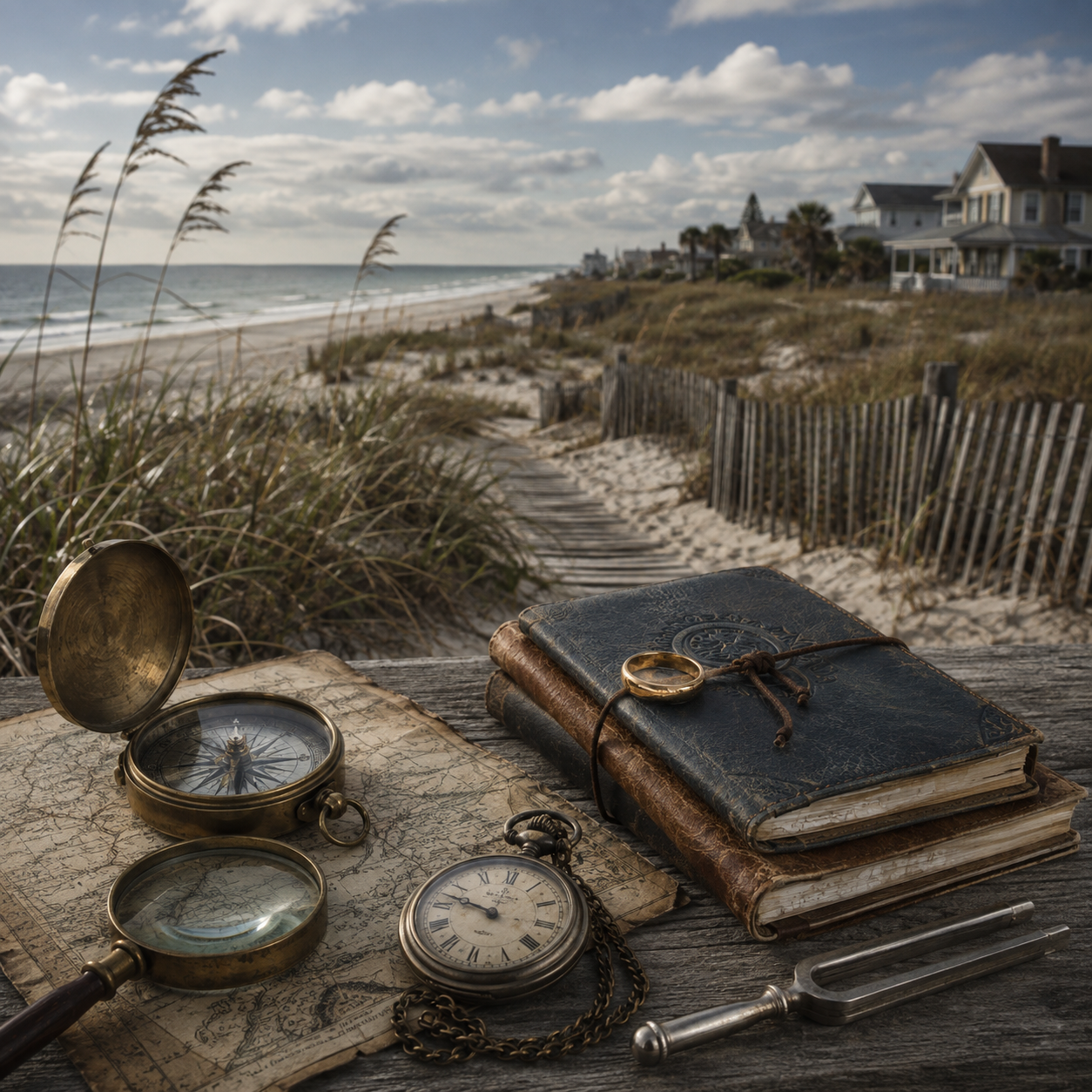 Vintage map, pocket watch, magnifying glass, compass, and books on a weathered table overlooking a sandy beach with dune grass, a wooden walkway, houses, and a cloudy sky.