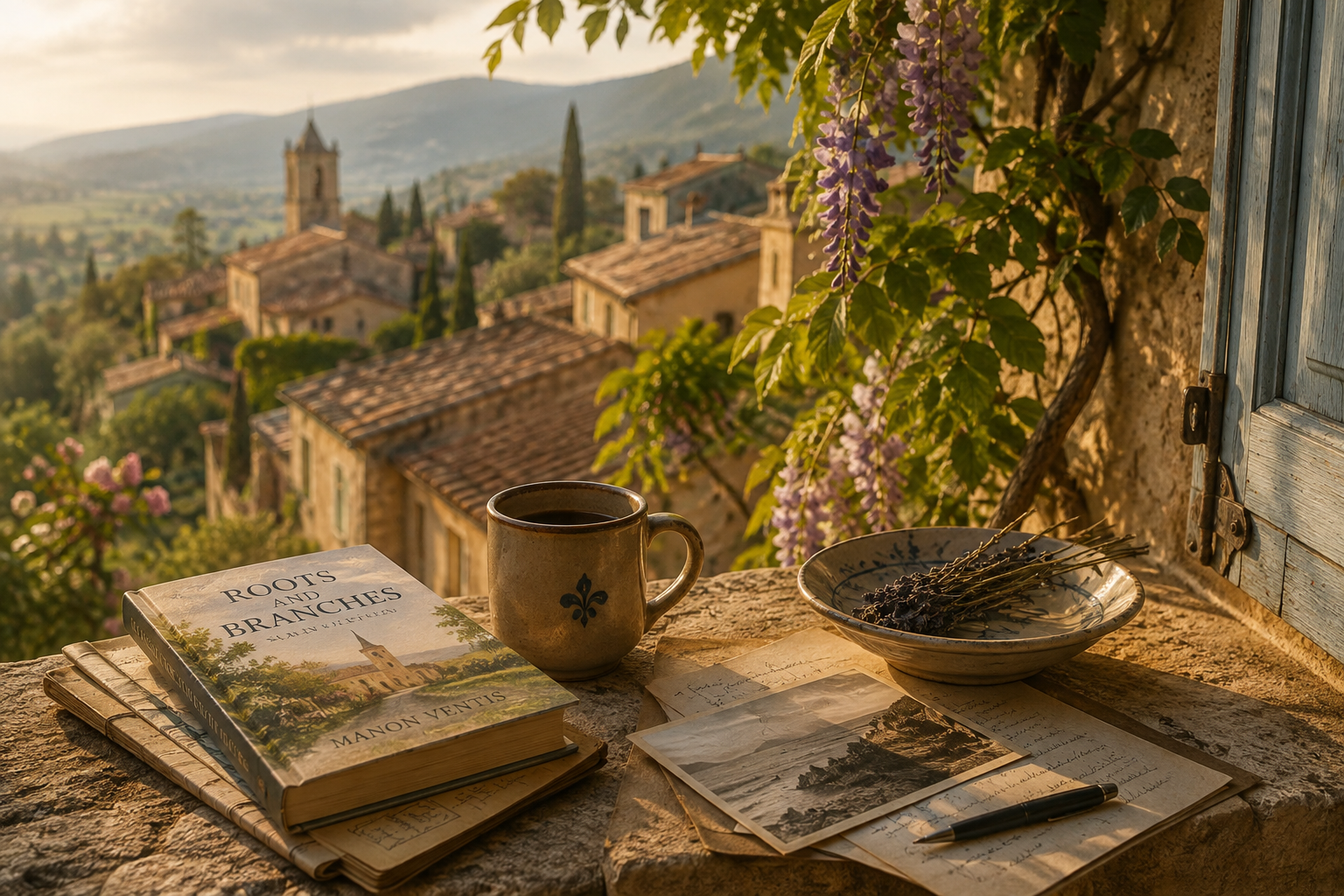 A rustic outdoor scene with a table holding books, a coffee mug, photographs, and handwritten notes. The background features a picturesque view of a hillside village with stone buildings, a church, lush greenery, and purple flowering vines, all bathed in warm, golden sunlight.