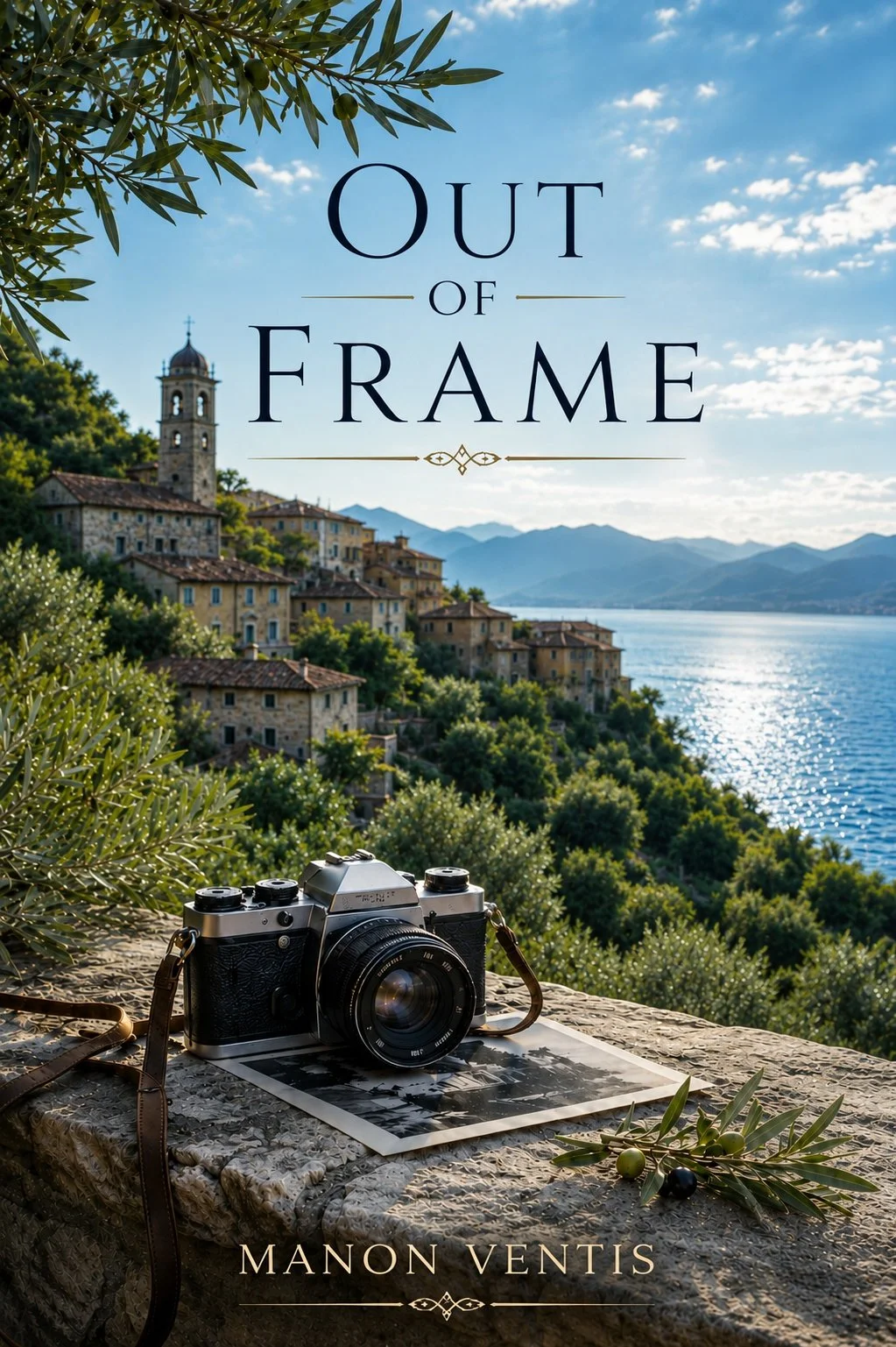 A book cover titled 'Out of Frame' by Manon Ventis featuring a landscape scene with a village on a hillside and a body of water, a camera and a photograph on a textured surface in the foreground.