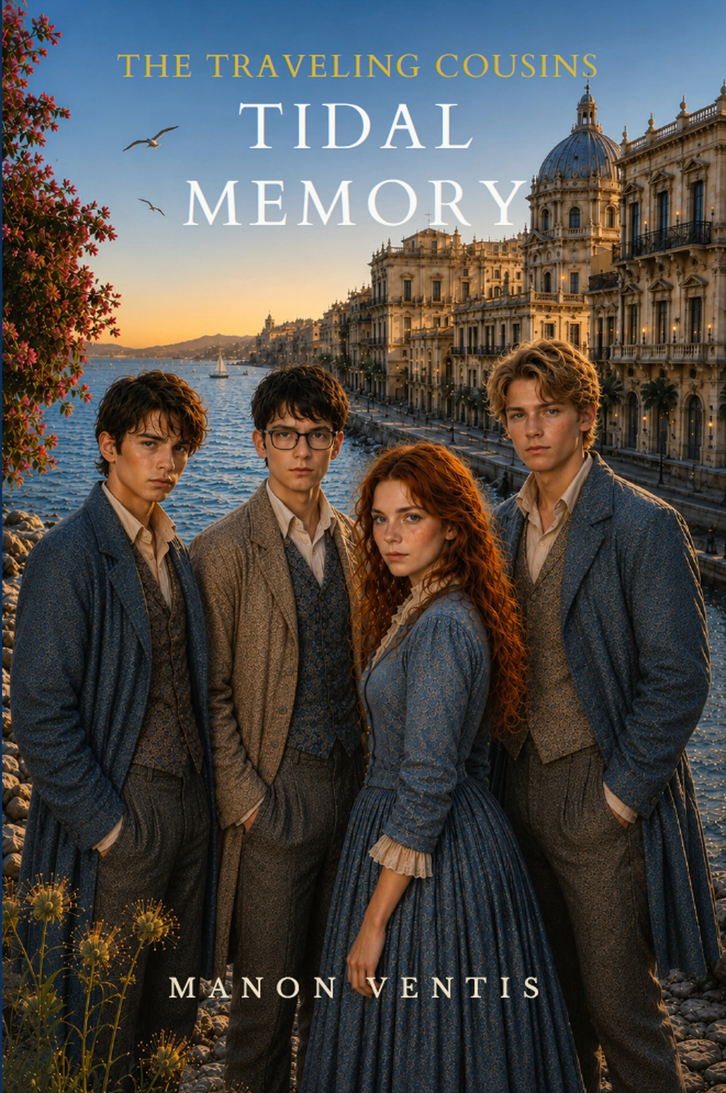 Four young adults dressed in 19th-century style clothing standing by a river with historic architecture and sailboats, during sunset, with the title 'Tidal Memory' and author 'Manon Venti'.
