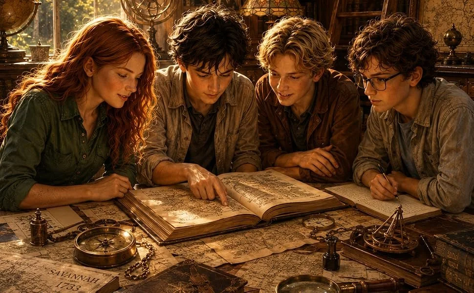 Four young people, two men and two women, gathered around a large open book on an antique table, looking intently at the book, in a warm illuminated room with old maps and scientific instruments.