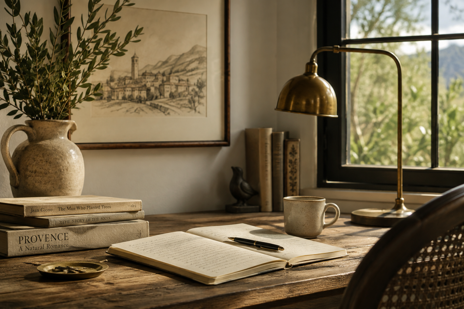 A rustic wooden desk with a brass desk lamp, an open notebook with a pen, a stack of books, a ceramic cup, a ceramic pitcher with greenery, a picture frame, and books by a window with green trees outside.