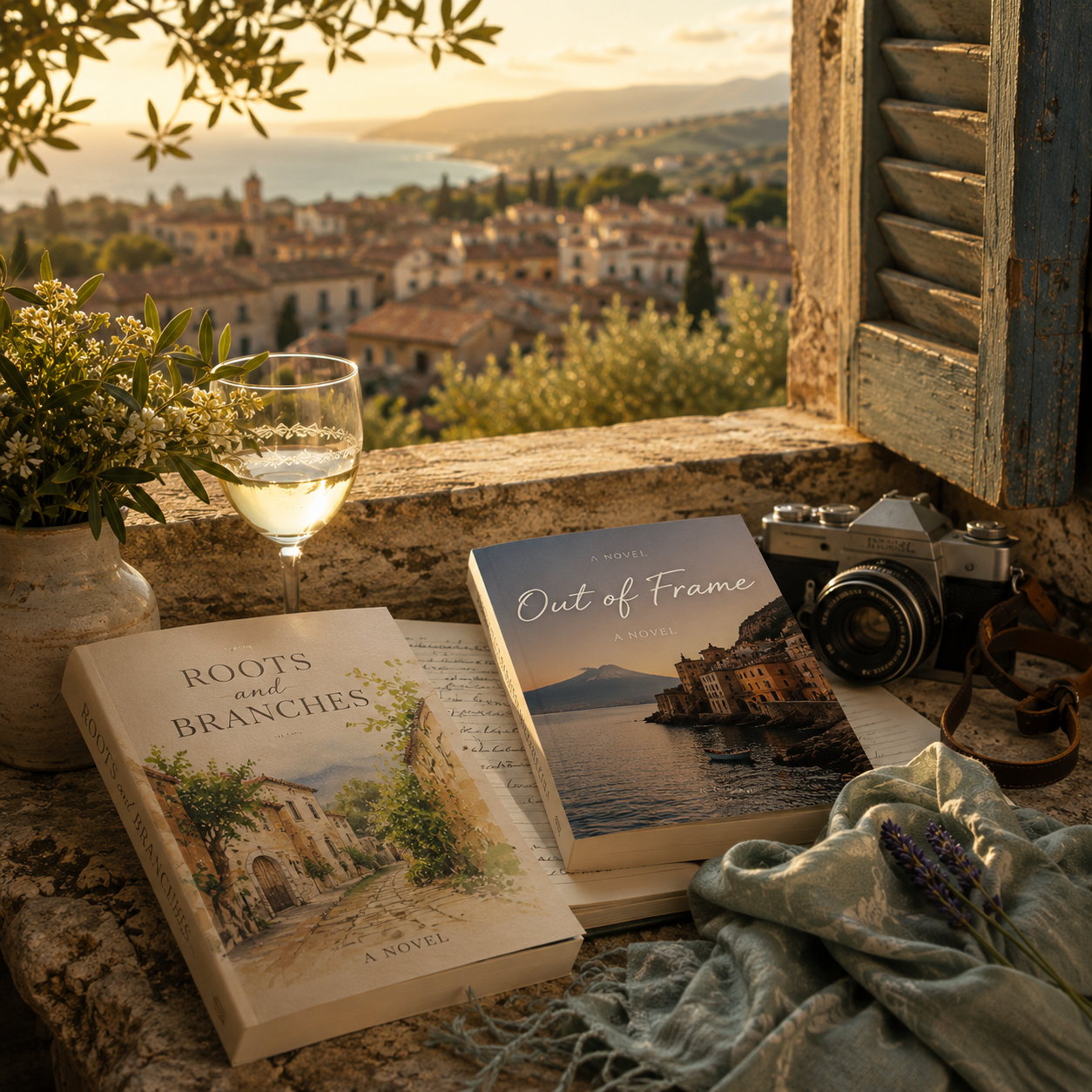 A scenic outdoor setting with two books, a glass of white wine, a vintage camera, and a potted plant on a rustic windowsill overlooking a town and coastline at sunset.