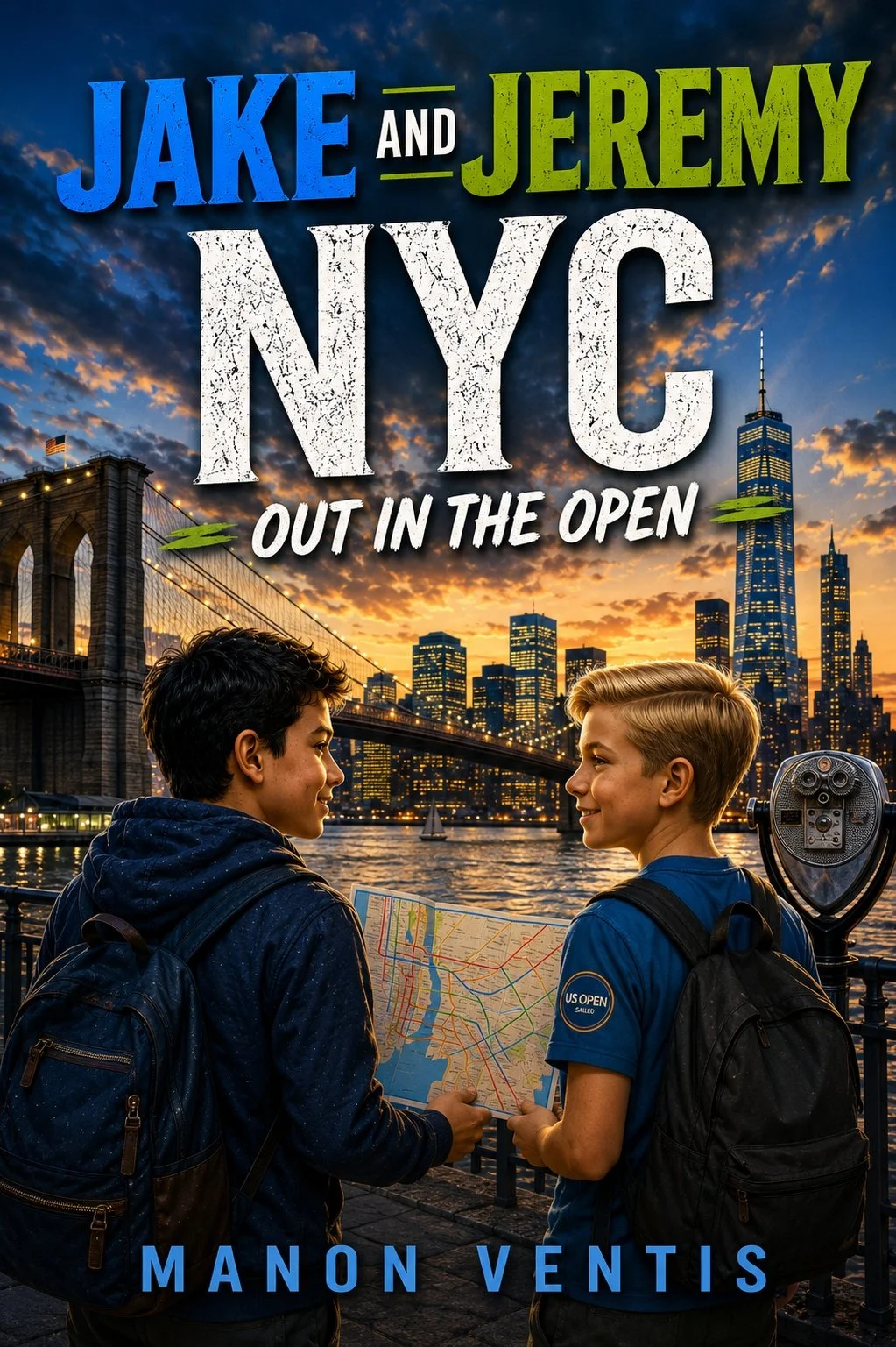 Book cover featuring two teenage boys with backpacks looking at each other during sunset in New York City, with the Brooklyn Bridge and skyline in the background. Title says 'Jake and Jeremy NYC Out in the Open' by Manon Ventis.