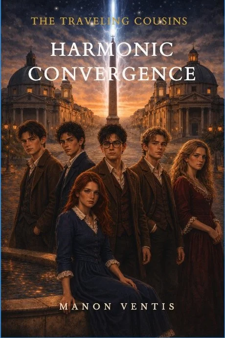 Cover for book "Harmonic Convergence" by Manon Ventis, featuring six young adults standing on a city street at sunset, with classical buildings in the background and a tall column with a glowing figure at the top.