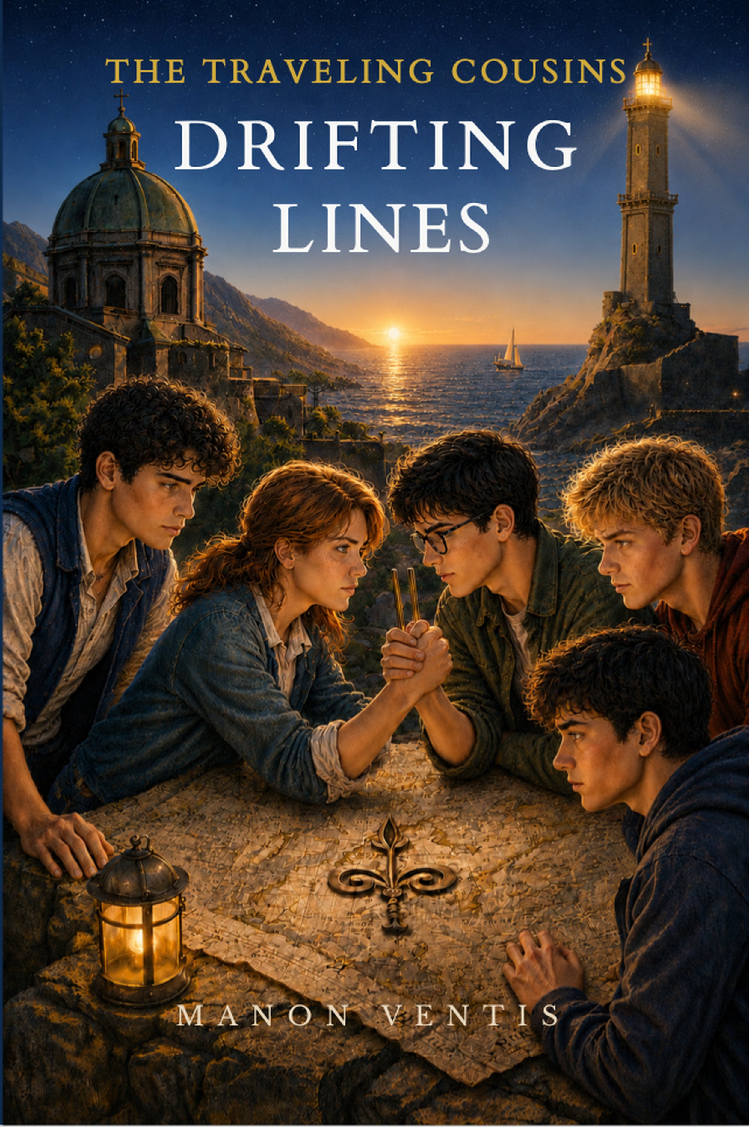 The cover art for the movie 'Drifting Lines' from the 'Traveling Cousins' series shows five young people, three males and two females, sitting around a map on a table during sunset by the seaside. The background features a lighthouse, a domed building, and a sailboat on the water. The title 'Drifting Lines' and the author's name 'Manon Ventis' are prominently displayed.