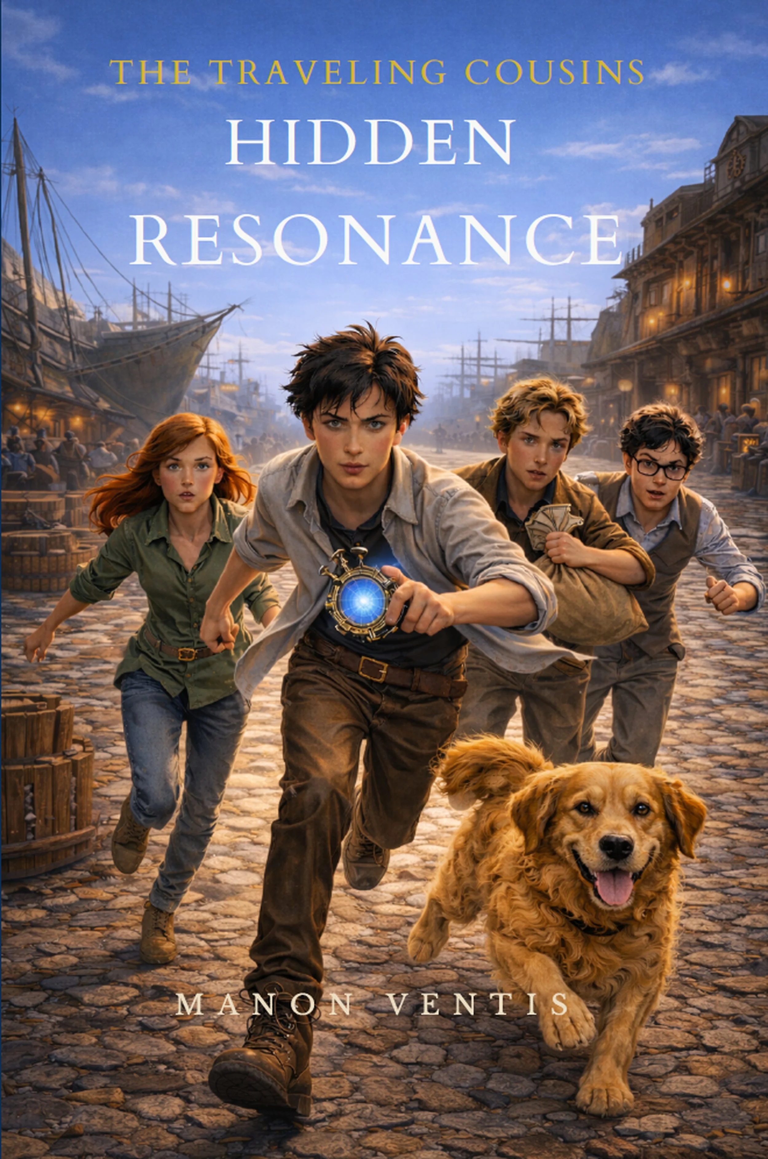 Four young people, three men and one woman, running on cobblestone street with a large golden retriever dog in the foreground. There are ships docked along the harbor and old buildings on either side. The sky is blue with some clouds. The title on the image reads "The Traveling Cousins: Hidden Resonance" and the author's name is Manon Ventis.