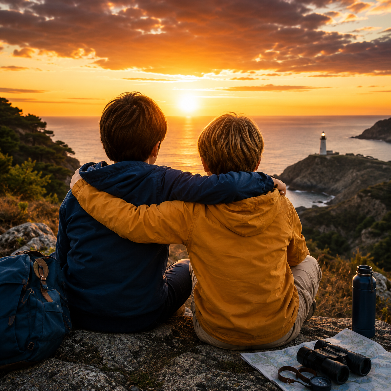 Two hikers, one in a yellow jacket and the other in a blue jacket, sitting closely together on a rocky ledge with arms around each other, watching a sunset over the ocean near a lighthouse on a small island, with binoculars, a map, and a water bottle nearby.