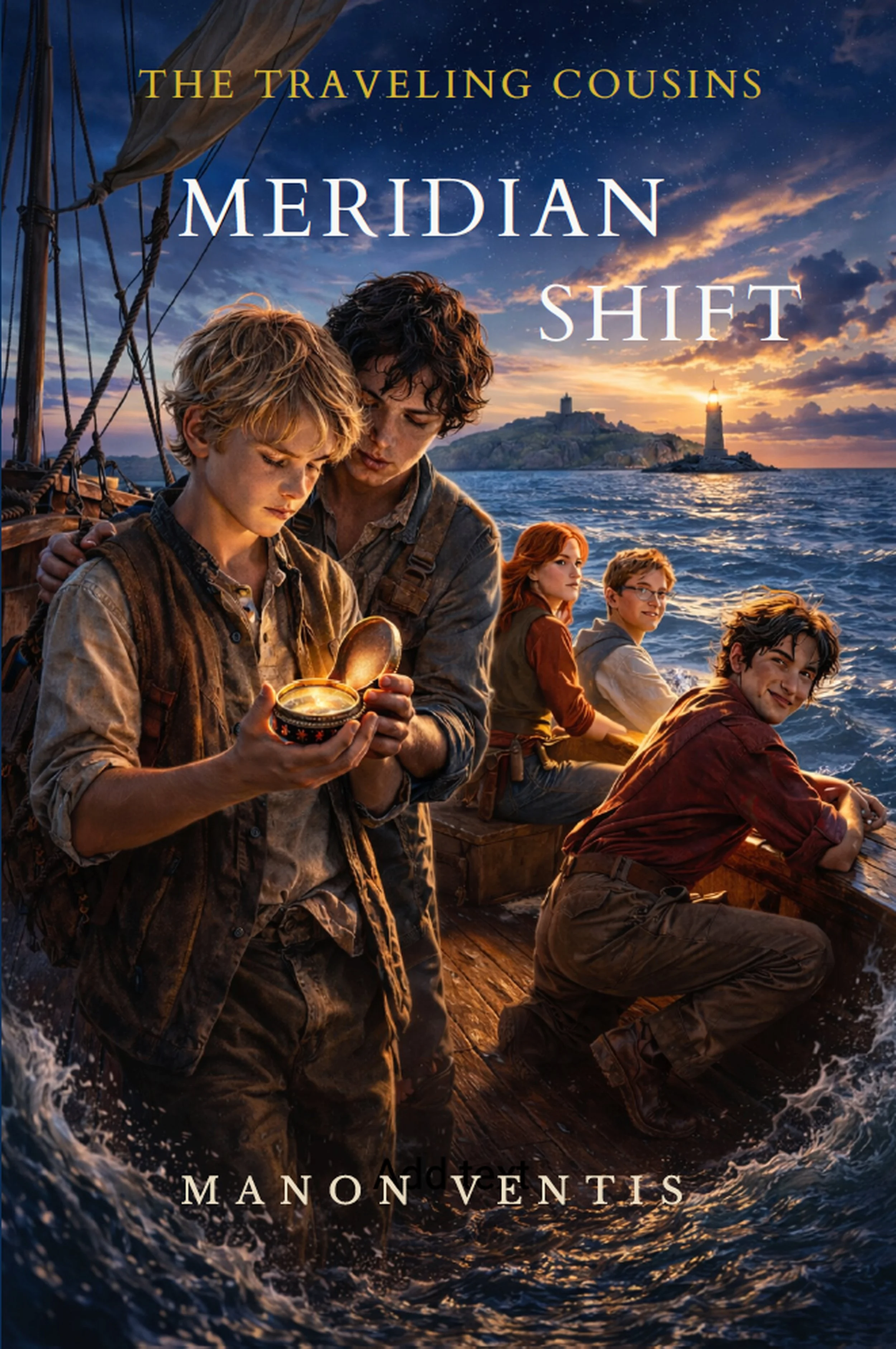 The cover of the book titled 'Meridian Shift' from The Traveling Cousins series, featuring five youthful characters on a wooden ship at sea during sunset, with a lighthouse in the distance.