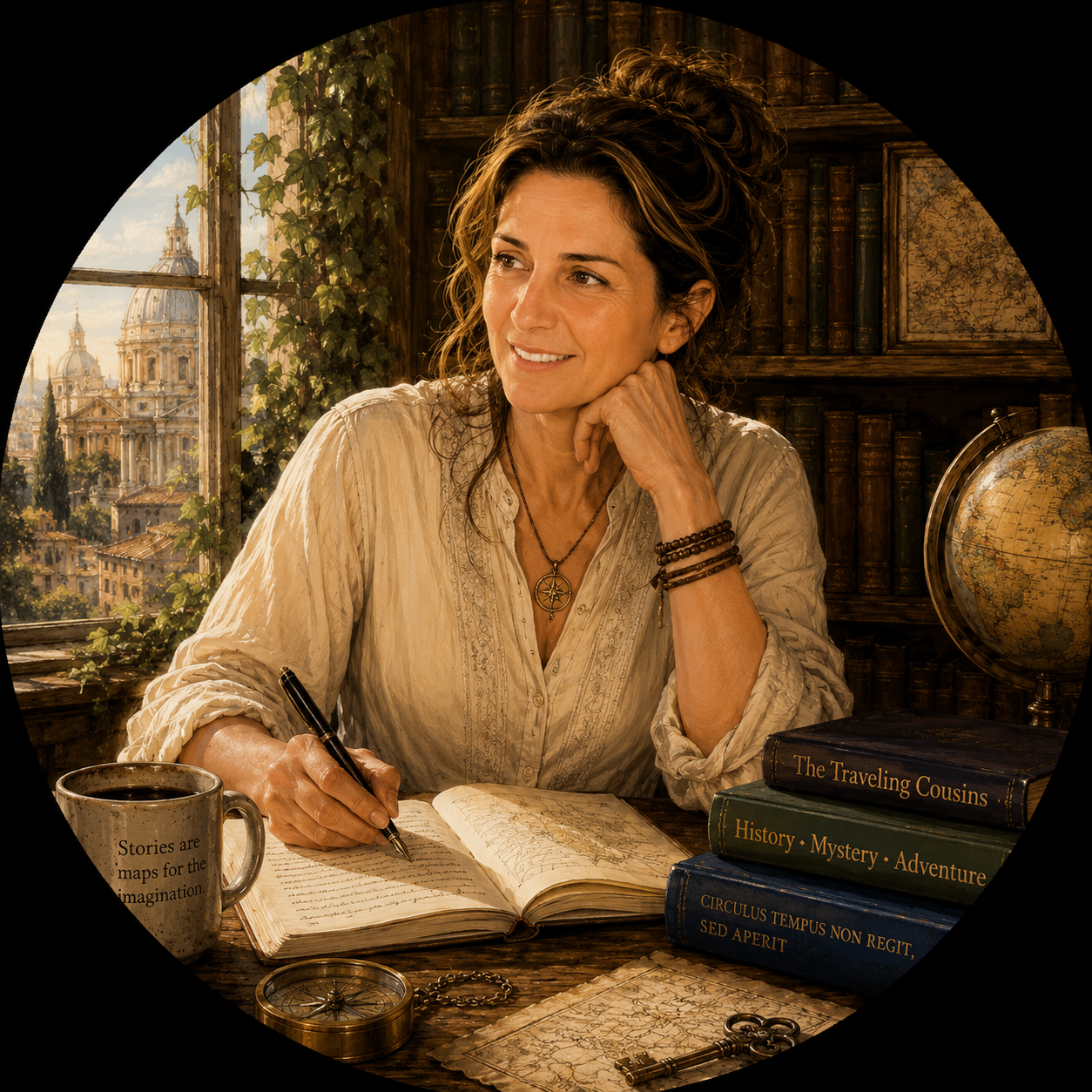 A woman with wavy brown hair and wearing a cream-colored blouse, sitting at a wooden desk with an open journal and writing pen. She is surrounded by antique books, a globe, a mug with the quote 'Stories are maps for the imagination,' and a compass. Large windows behind her reveal a city with domed buildings and green trees. The room has wooden shelves filled with more books and a map on the wall.