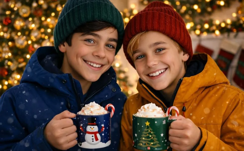 Two boys smiling with Christmas mugs filled with hot chocolate and whipped cream in front of a decorated Christmas tree.