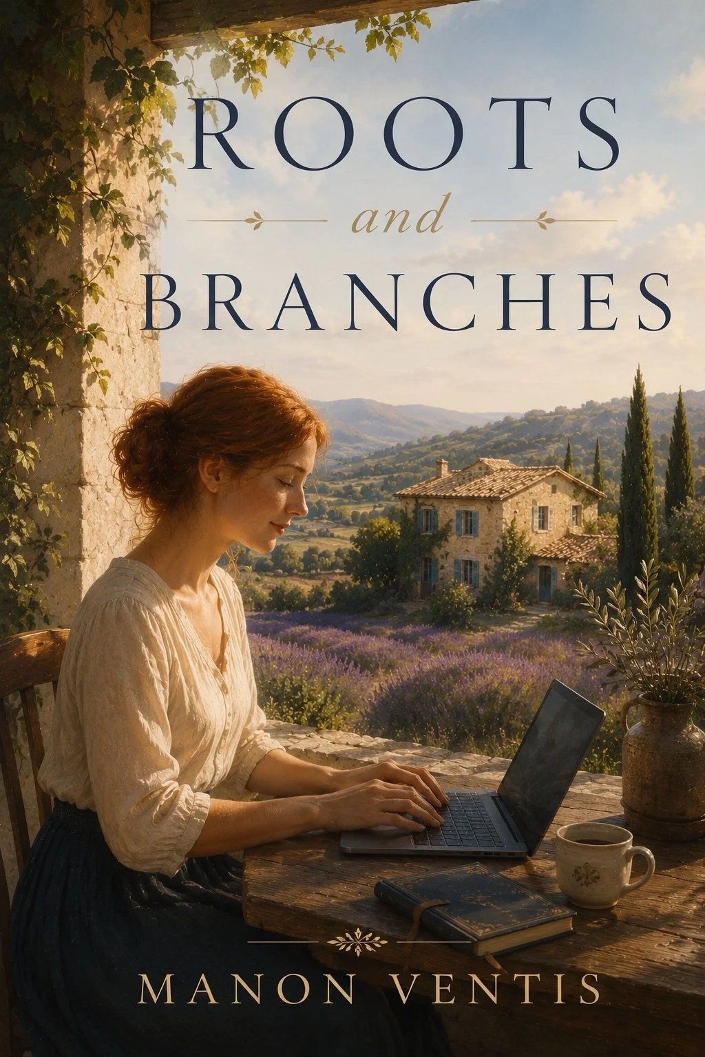 Book cover titled "Roots and Branches" by Manon Ventis featuring a woman with red hair working on a laptop outdoors on a wooden table, with a scenic view of a countryside house, lavender field, and rolling hills.