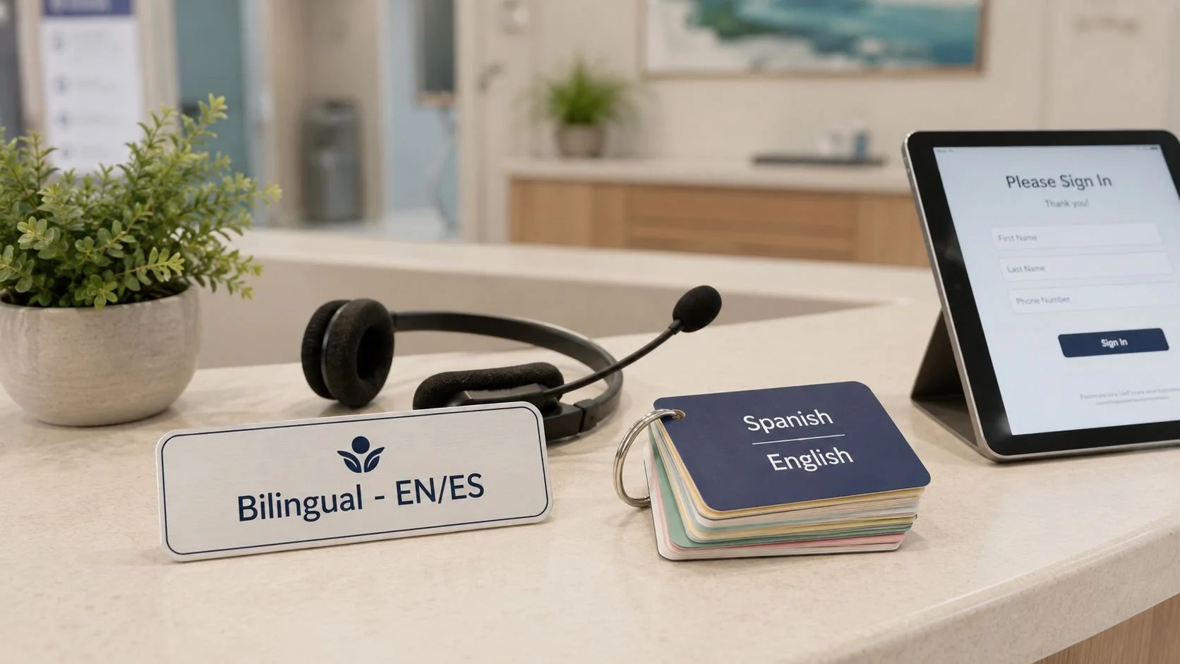 Bilingual sign, headset, language choice cards, and sign-in tablet on reception counter.