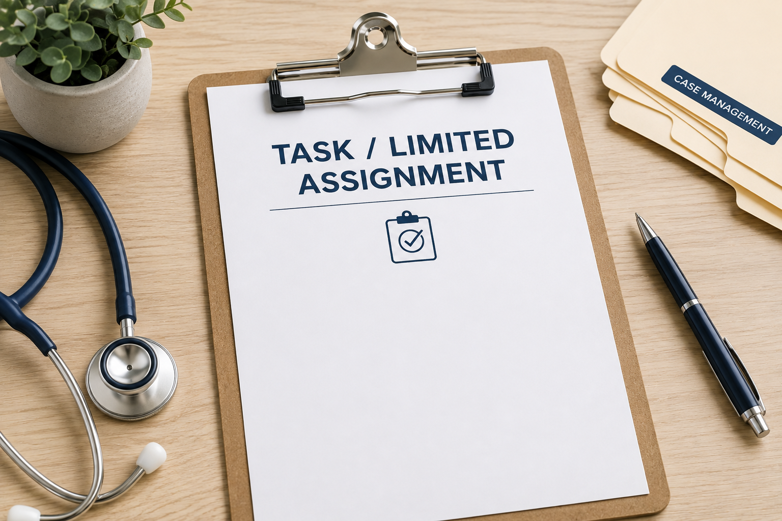 A clipboard with a paper labeled "Task / Limited Assignment" resting on a wooden desk. The desk also has a stethoscope, a pen, a stack of folders labeled "Case Management," and a small potted plant.