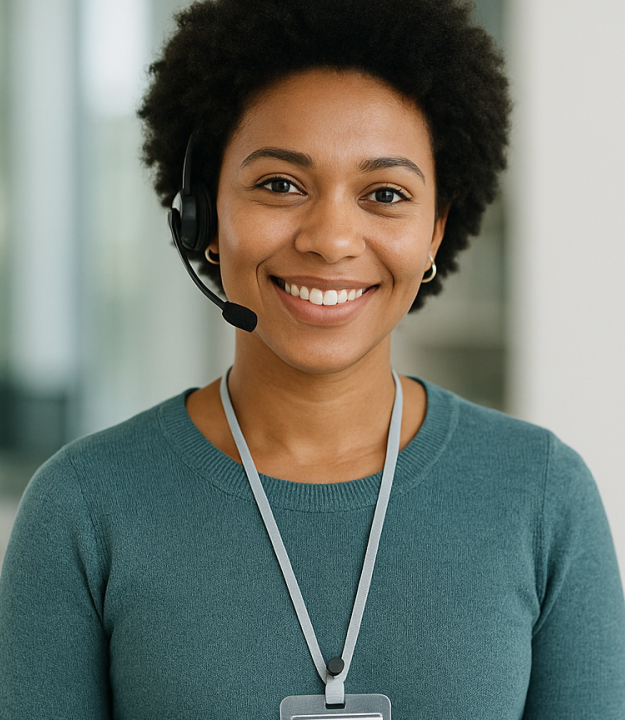 A smiling woman wearing a headset with microphone, a teal sweater, and a lanyard in an indoor setting.