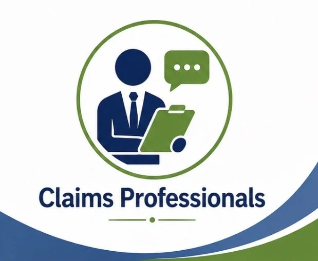 Icon of a business professional with a suit, holding a clipboard and speaking, surrounded by green and blue circles, with the text 'Claims Professionals' below.