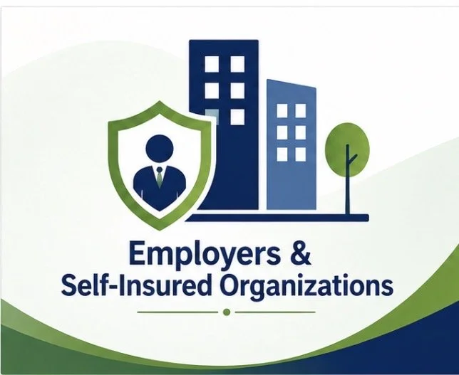 Logo featuring a shield with a person in a suit, several buildings, a tree, and the text 'Employers & Self Insured Organizations'.