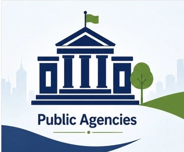 Illustration of a government building with a flag, trees, and cityscape in the background, labeled "Public Agencies."