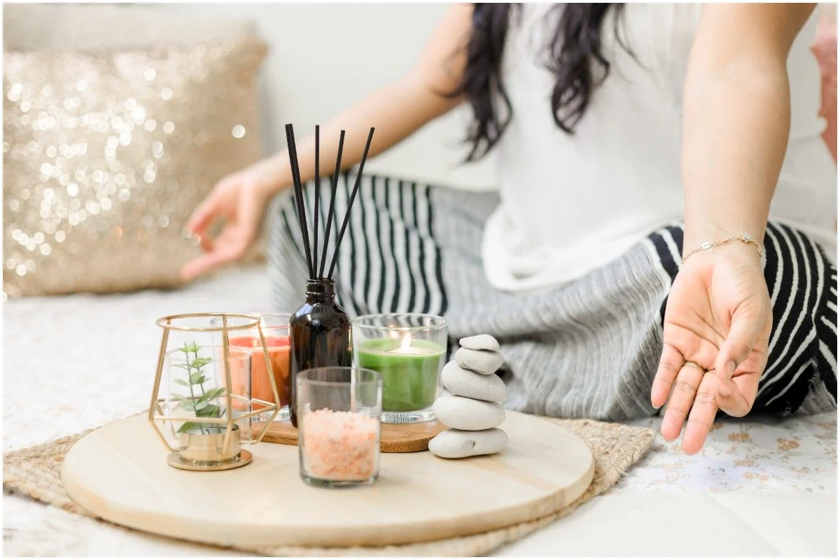 woman practices yoga and meditation in serenity room