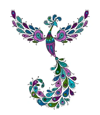 Colorful, decorative peacock with elaborately patterned feathers in shades of blue, purple, and green, with a vibrant tail.