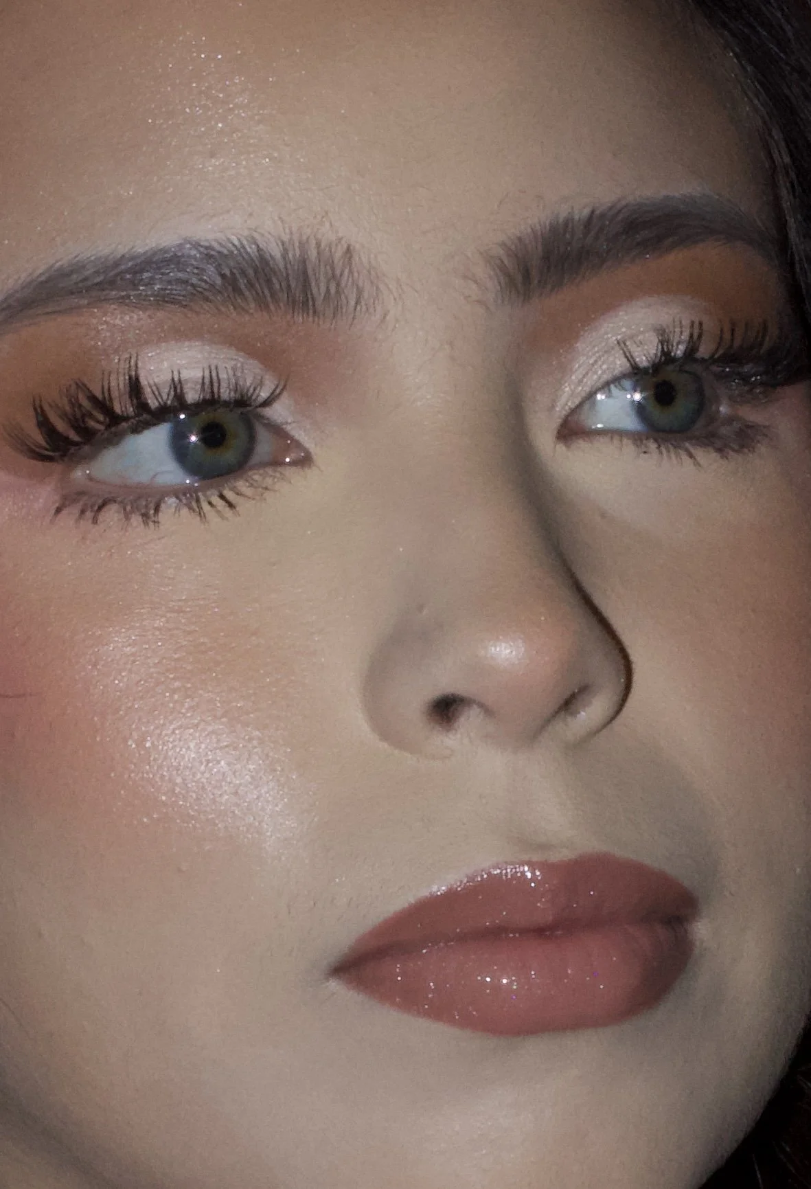 Close-up of a woman's face showing her eyes, eyebrows, nose, and lips with glamorous makeup including shimmery eyeshadow, long eyelashes, and shiny lipstick.