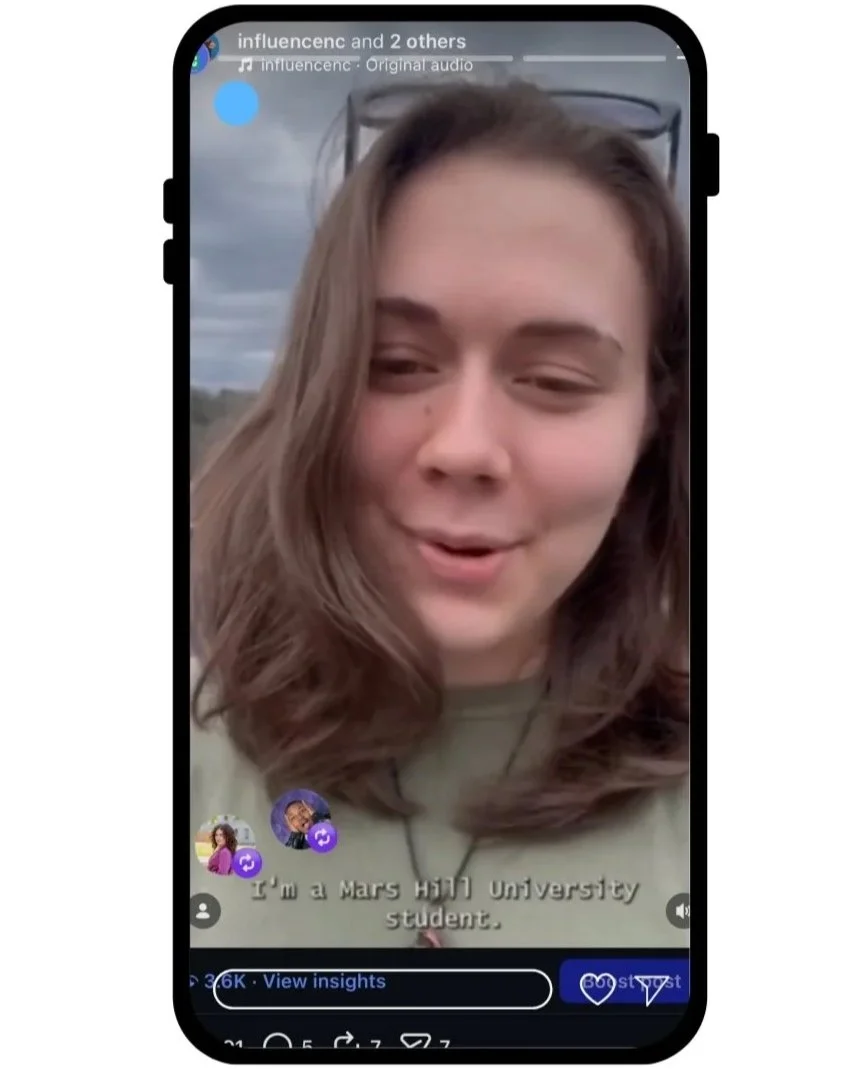 A woman with long brown hair smiling during a live video on her phone, with a school name mentioning Mars Hill University, and some icons and user comments visible on the screen.