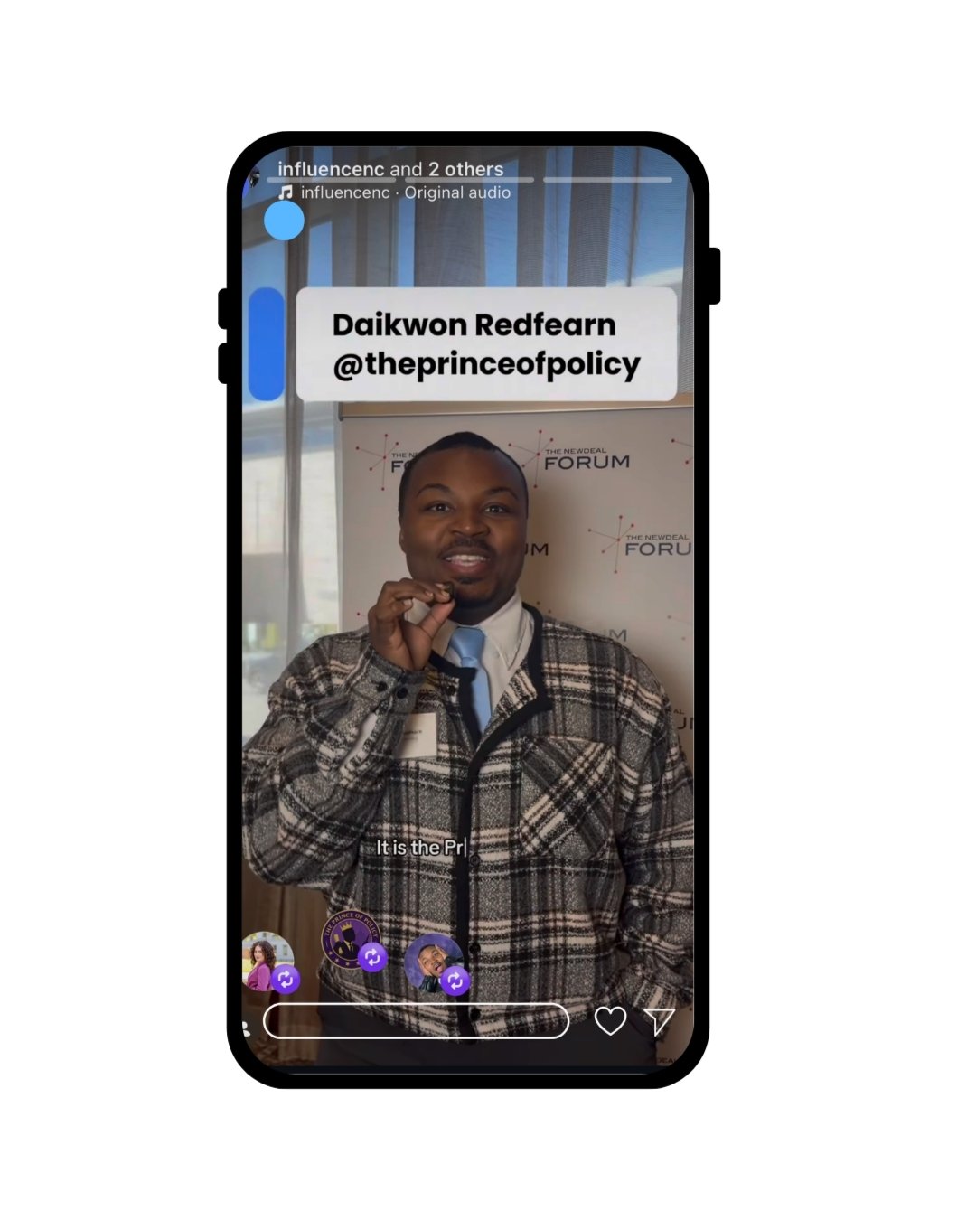 A man wearing a plaid jacket and light blue shirt, standing in front of a backdrop with the words "The New Deal Forum," during a video recording or live stream on a smartphone. The text overlay introduces him as Daikwon Redfearn with the Instagram handle @theprinceofpolicy.
